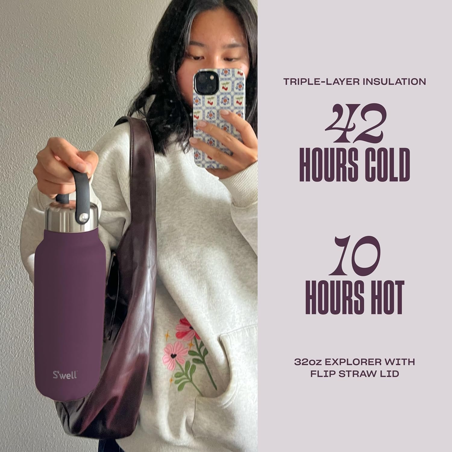 S'well Recycled Stainless Steel Explorer with Flip Straw Lid, 32oz, Plum, Triple Layered Vacuum Insulated Containers Keeps Drinks Cold for 42 Hours and Hot for 10