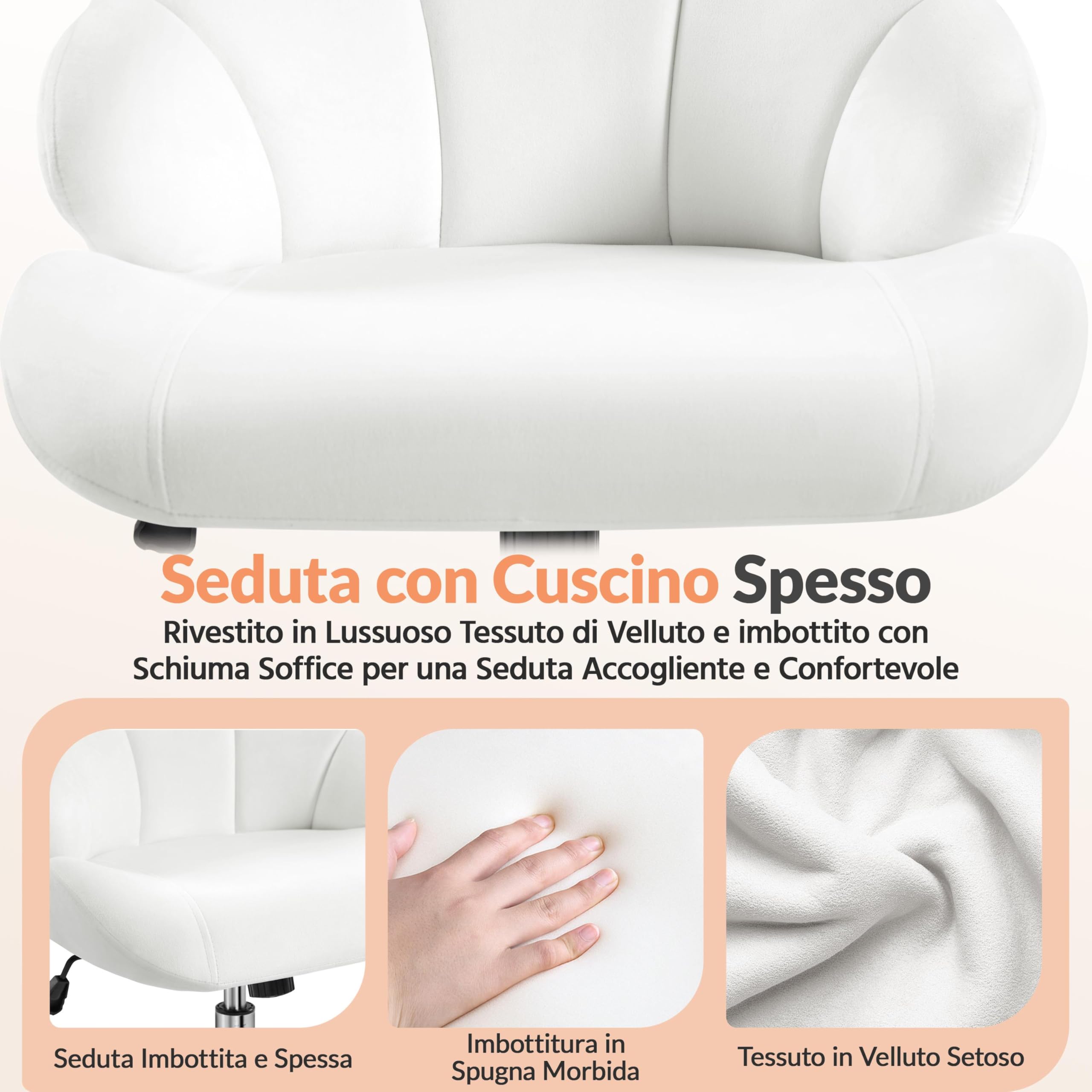 Yaheetech Sedia Ufficio Scrivania Cameretta Bianca Senza Braccioli Ergonomica in Velluto con Ruote Girevole Altezza Regolabile Schienale Design Conchiglia Imbottito Portata 136 KG
