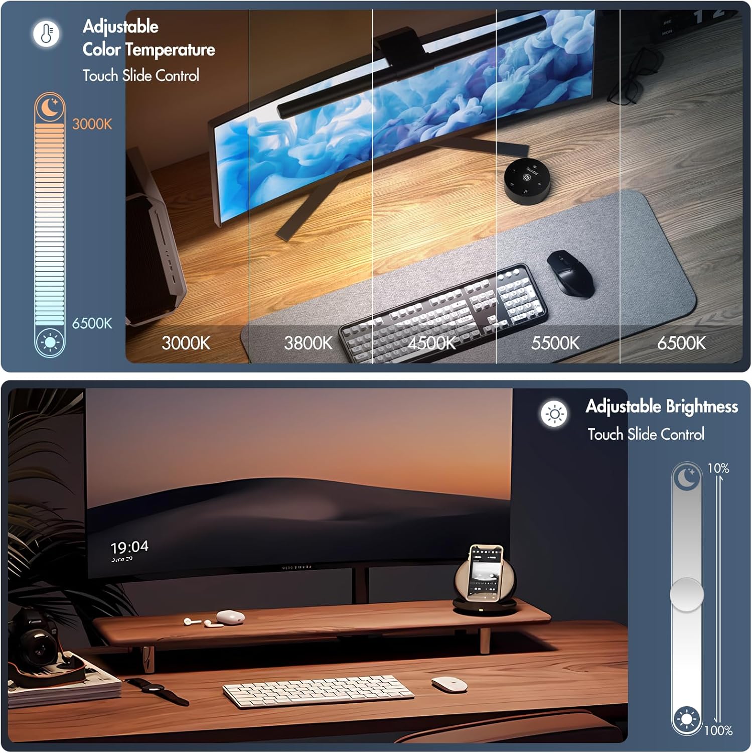 Quntis Monitor Light Bar with Remote, Fit for Curved Monitors/Camera Base, Eye-Care Computer Screen Light Bar, Auto-Dimming Dimmable Work Office Gaming Desk Lamp, Gray