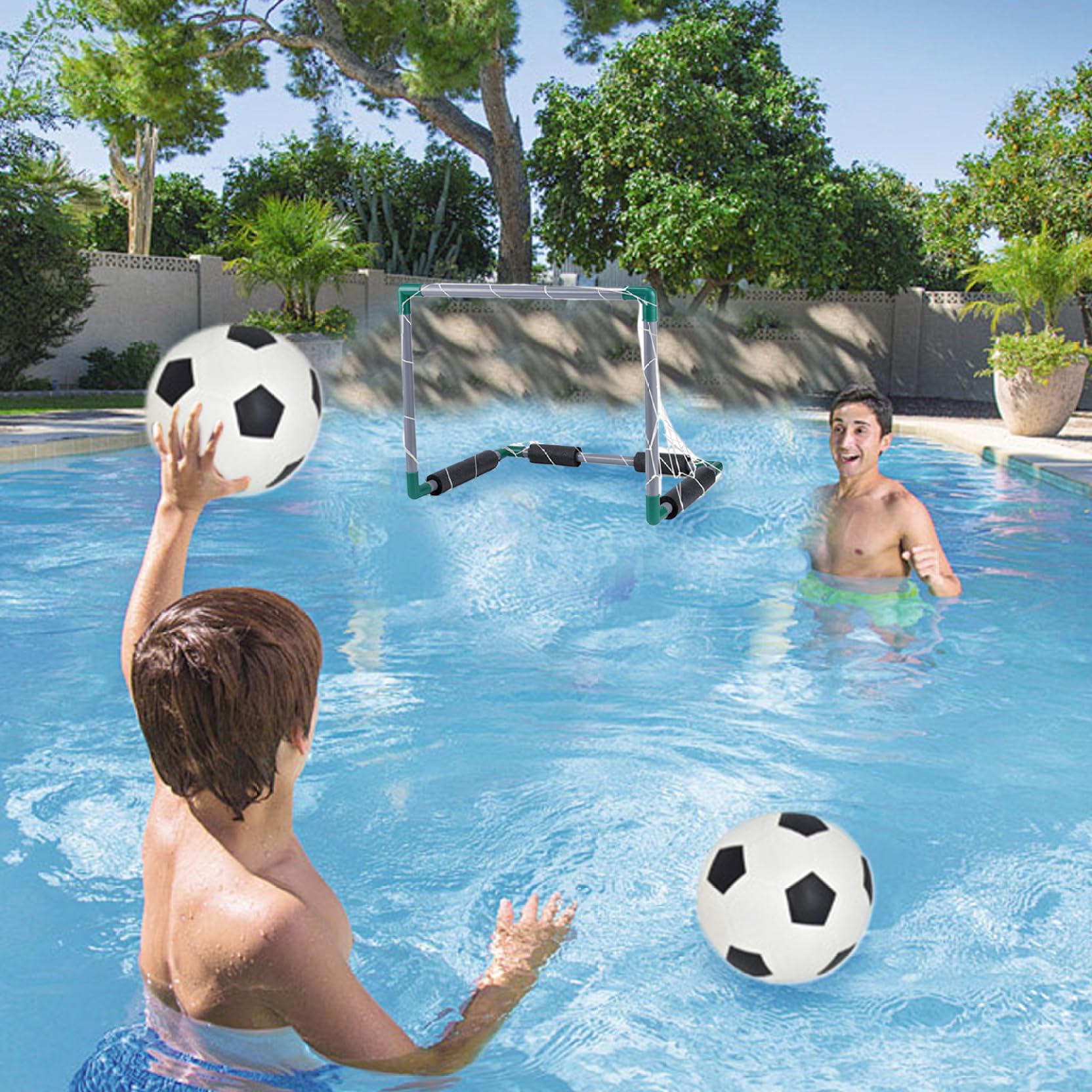 Giochi in piscina con 2 palline, 2 porte da calcio galleggianti per piscina, porta da calcio per bambini 18, 5x14, 4x14, 4", rete da in plastica per estiva.