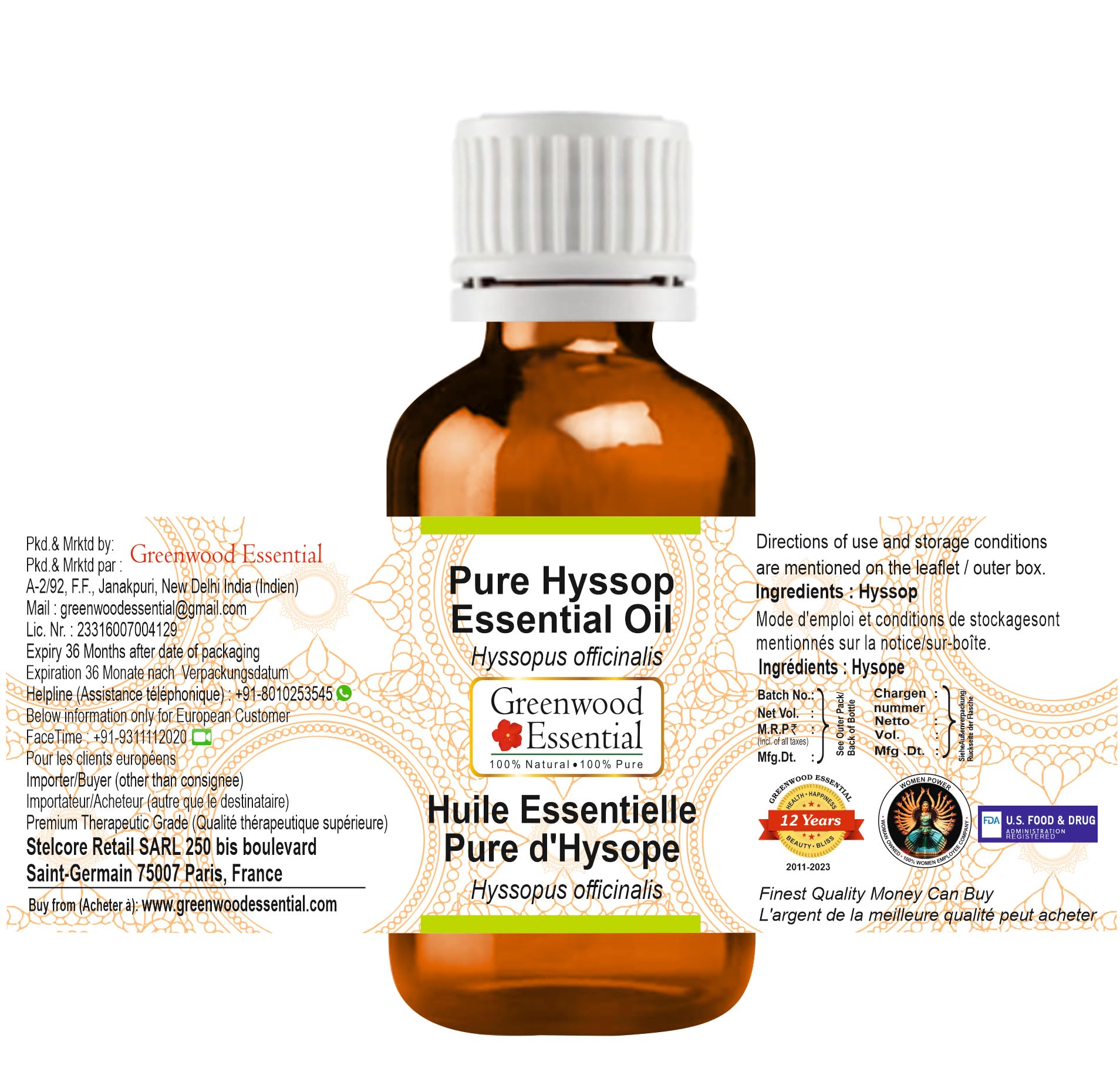 Greenwood Essential Naturreine Ätherisches Ysopöl (Hyssopus officinalis) Dampfdestilliert 30ml (1 oz)
