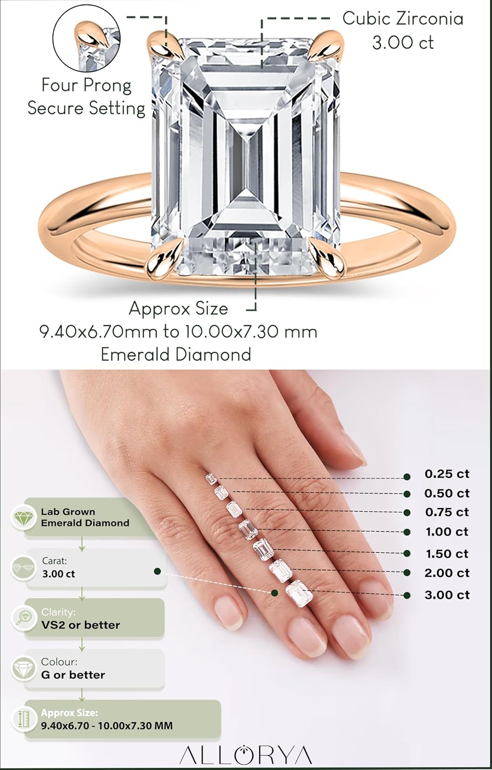 IGI Certified 3.00 Carat Emerald Cut Lab Grown White Diamond 4 Prong Solitaire Engagement Ring for Women in 18K Solid Gold