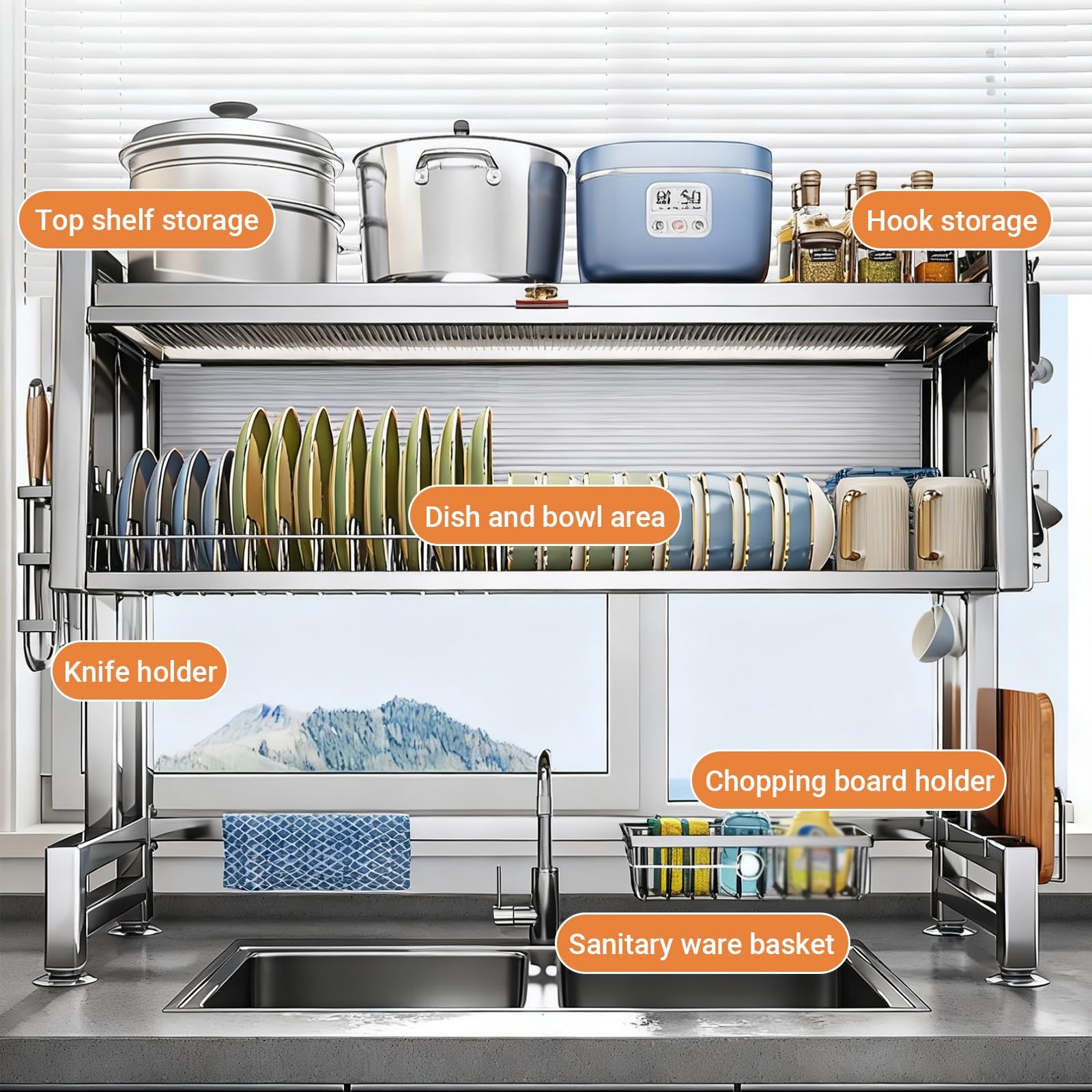 Escurridor de platos multifuncional de acero inoxidable para encimera, para platos, vasos, cuencos y cubiertos, diseño que ahorra espacio