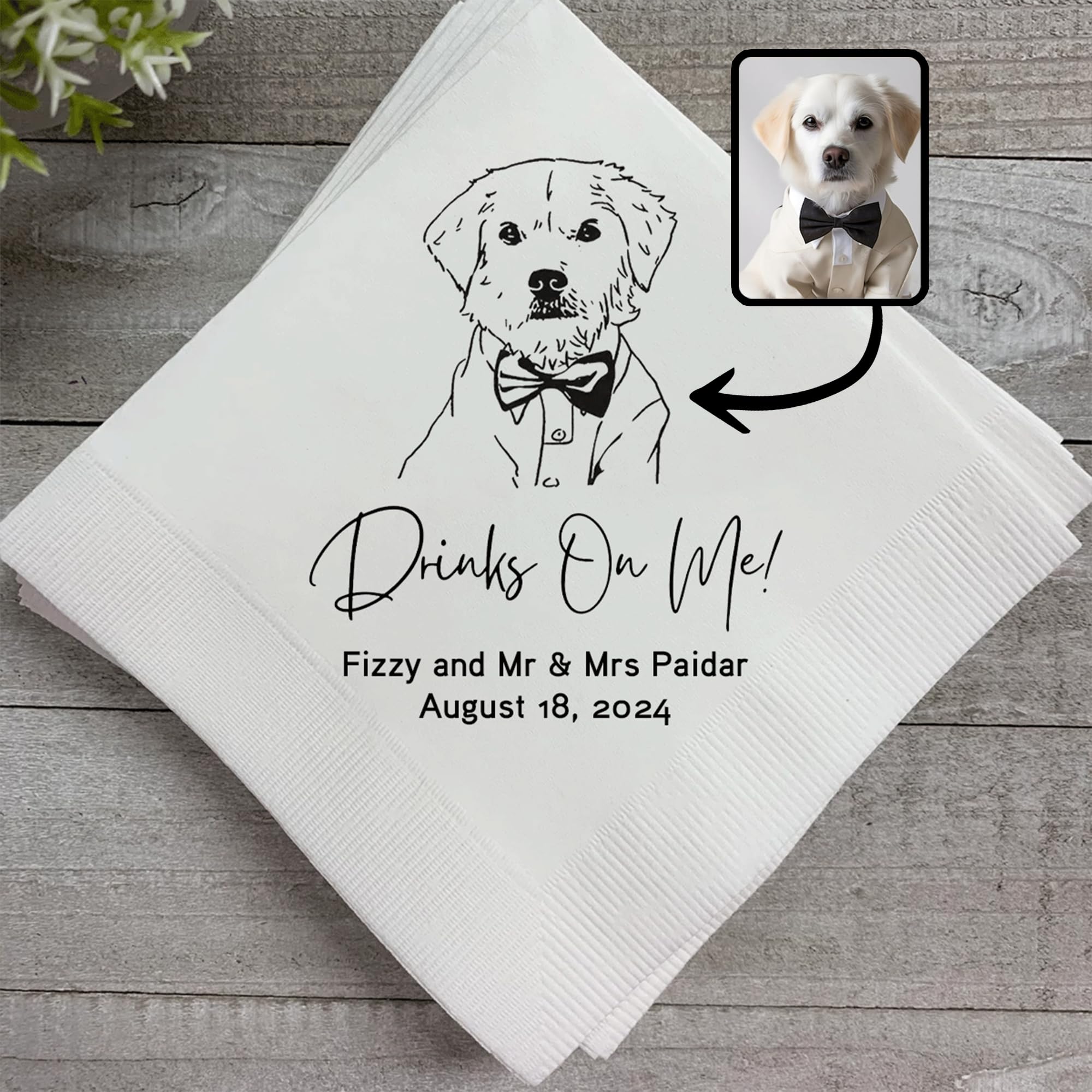 Personalized Dog Outline Wedding Napkins, Custom Photo Cocktail Napkins, Engagement Party Decor, Wedding Favors for Pet Lovers, Anniversary, Bridal