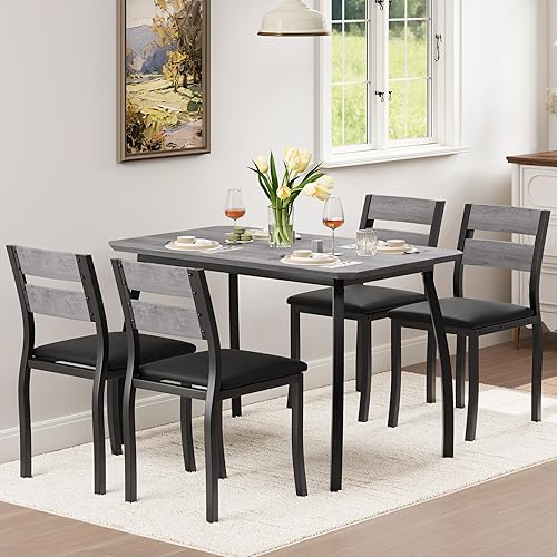 Miniatura 8 de IDEALHOUSE Juego de mesa de comedor para 4 mesas de cocina modernas y sillas con bordes biselados, asientos acolchados, marco de metal compacto que