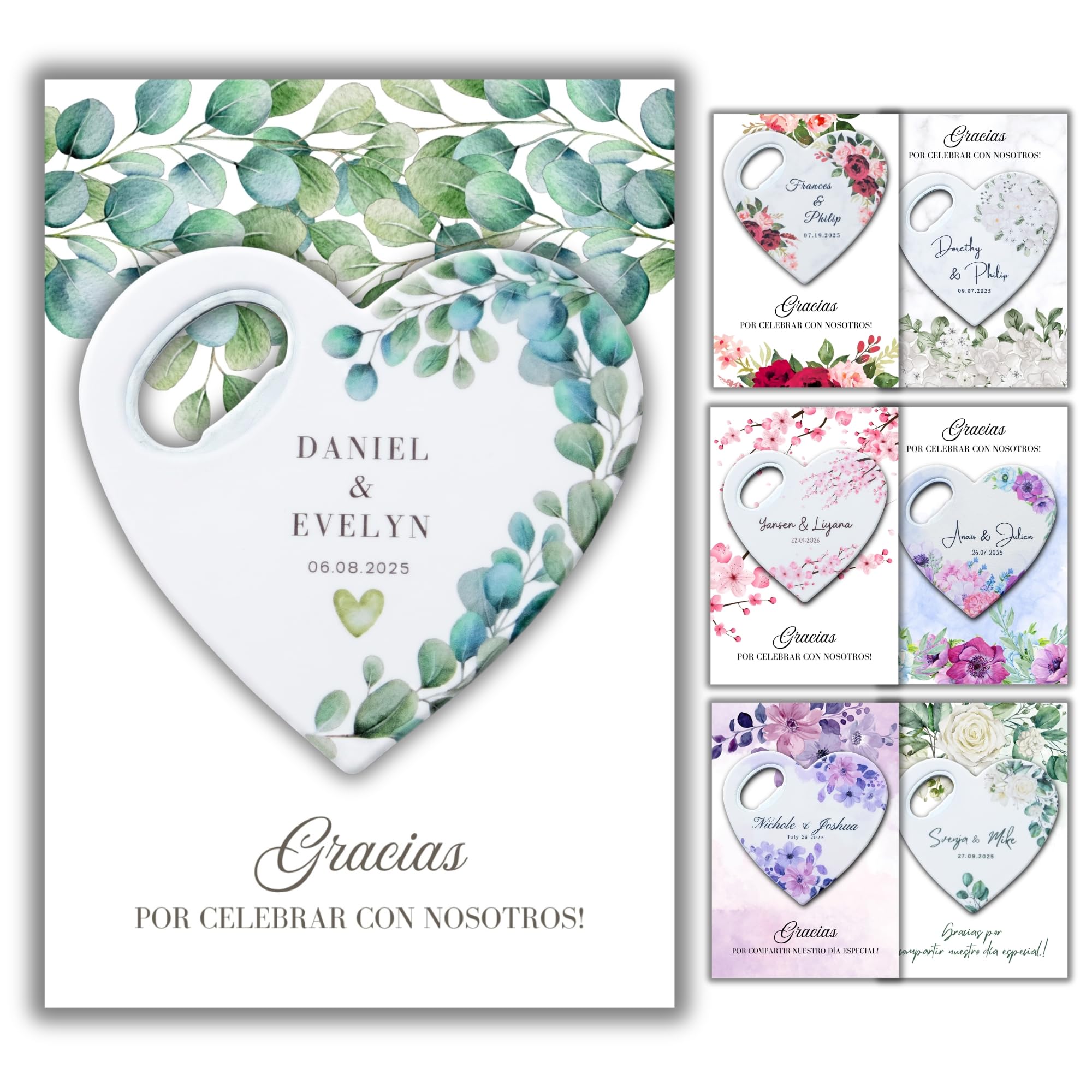Recuerdo de boda personalizado, Favor de ducha nupcial para la invitada, Recuerdos de boda y abretarjetas con imán de agradecimiento (Pack de 30) (Abrebotellas + Tarjeta de Agradecimiento)