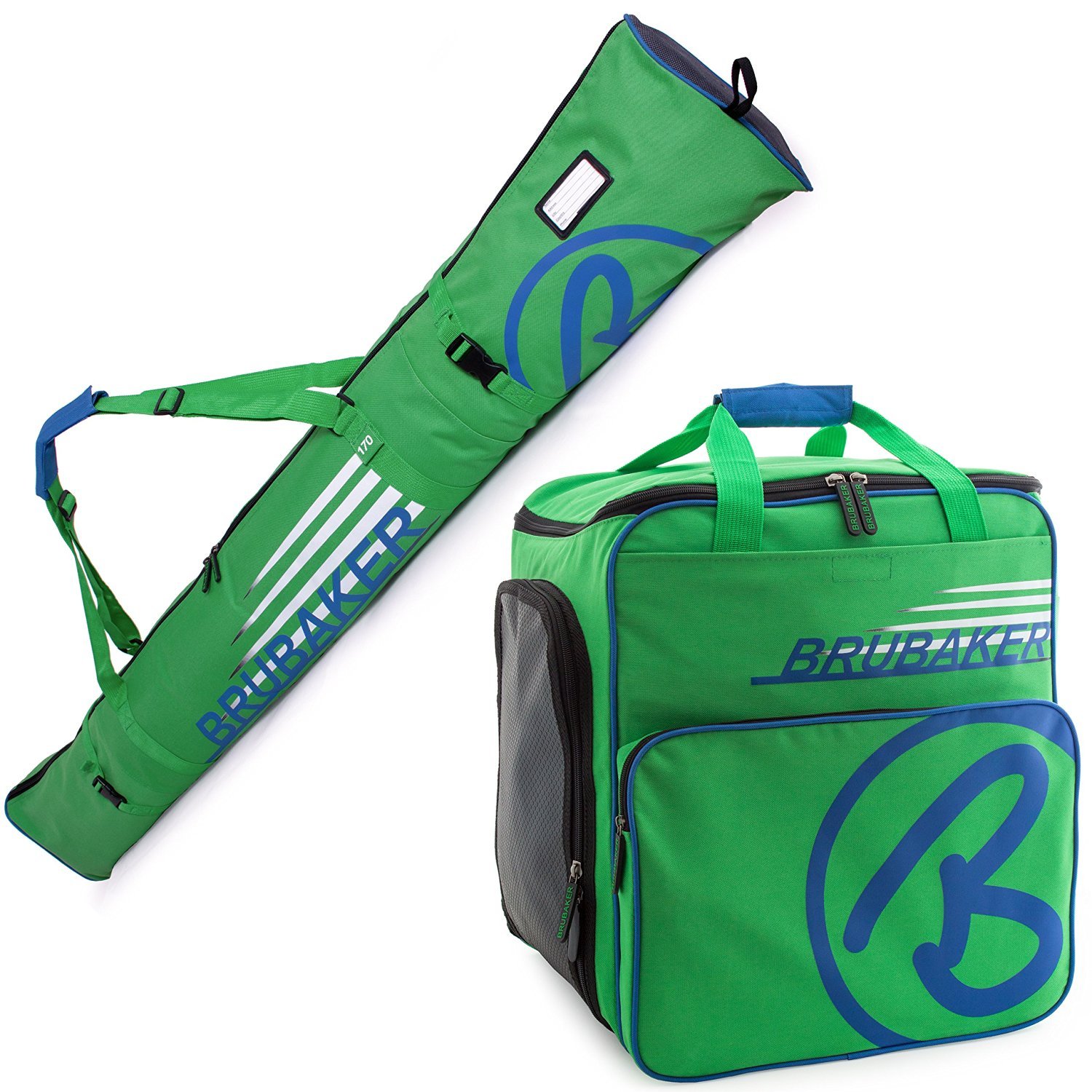 BRUBAKER HENRY Superfunction Combo Ski Boot Bag and Ski Bag for 1 Pair of Ski up to 190 cm, Poles, Boots and Helmet - Blue Green