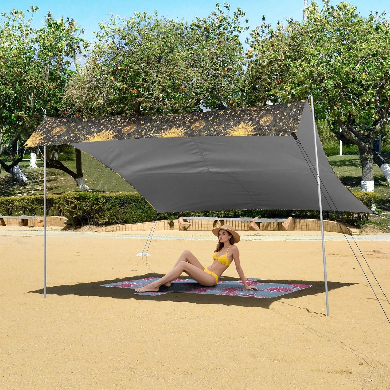 ALAZA Alchemy Moon Star Sun Beach Tent Sun Shelter UPF50+ Protection Beach Shade Canopy w/ 4 Sandbags for Outdoor Camping, Fishing, Backyard Fun, Picnic, 10x9 ft