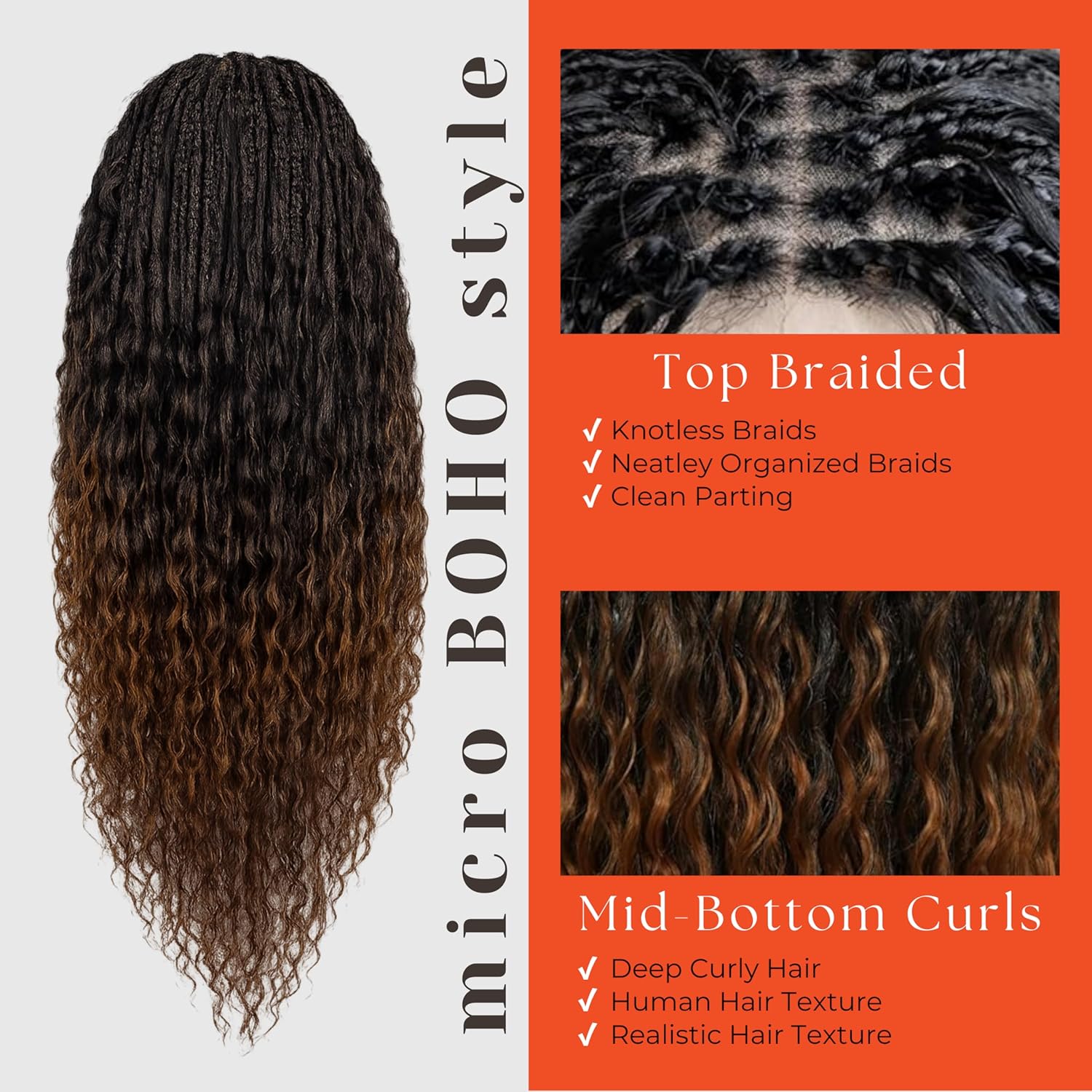 Single Full Lace Braid Wig – Micro Boho Peruvian Deep Wave Box Braided Wig, Knotless Braided Wigs for Black Women, Curly Hair Wig, with Natural Baby Hair (#1B27 Off Black & Light Brown, 32")