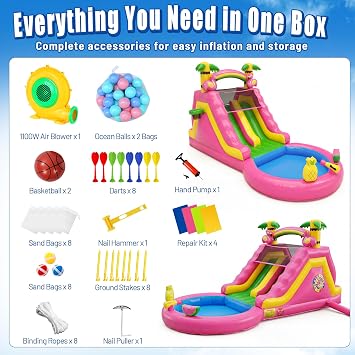 23FT(L) Commercial Inflatable Water Slide for Adults & Teens, Giant Flamingo Blow Up Water Park with 15oz Heavy Duty PVC, 600LB Capacity, Dual Racing Lanes & Splash Pool, Includes 1100W Blower