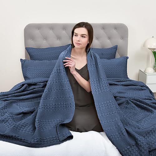 Miniatura 2 de PHF Manta de tejido de gofre 100% algodón, tamaño King, manta suave y ligera lavada para todas las estaciones, manta transpirable y agradable a la