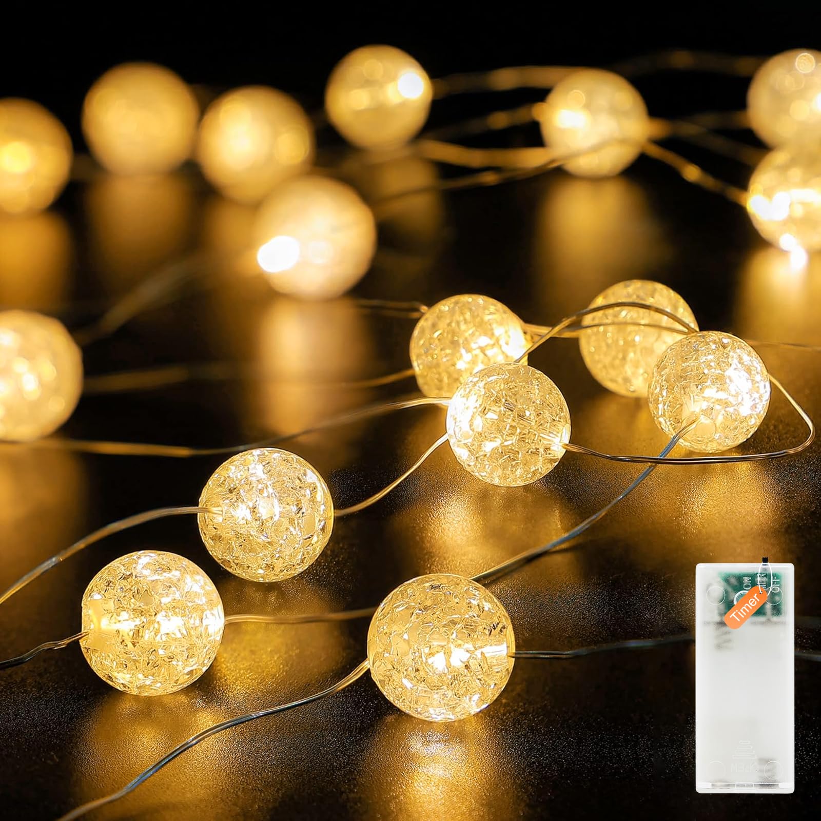 Auting Guirlande lumineuse boules de cristal déco, 2M guirlande lumineuse boules de cristal crackle avec 20 LED à piles avec minuterie, guirlande lumineuse déco pour intérieur, Noël, Saint-Valentin
