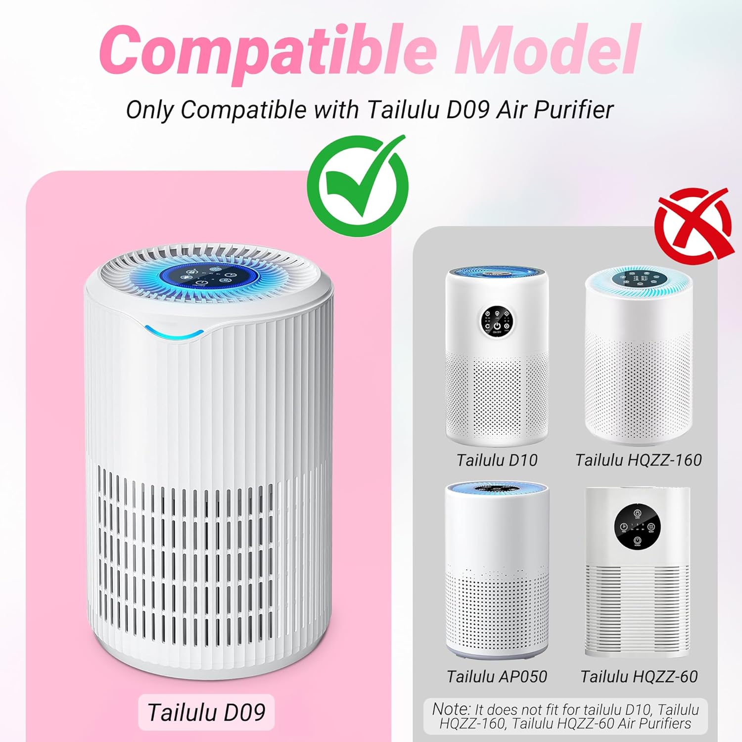 2 Packs D09 Replacement Filter Compatible with Tailulu D09 Air Cleaner Purifier for Home Large Room Up to 1345 Sq Ft, CADR 180m³/h+
