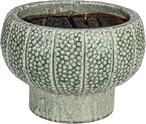 Creative Co-Op Maceta de jarrón con pies de terracota en relieve con patrón de puntos y esmalte agrietado, verde