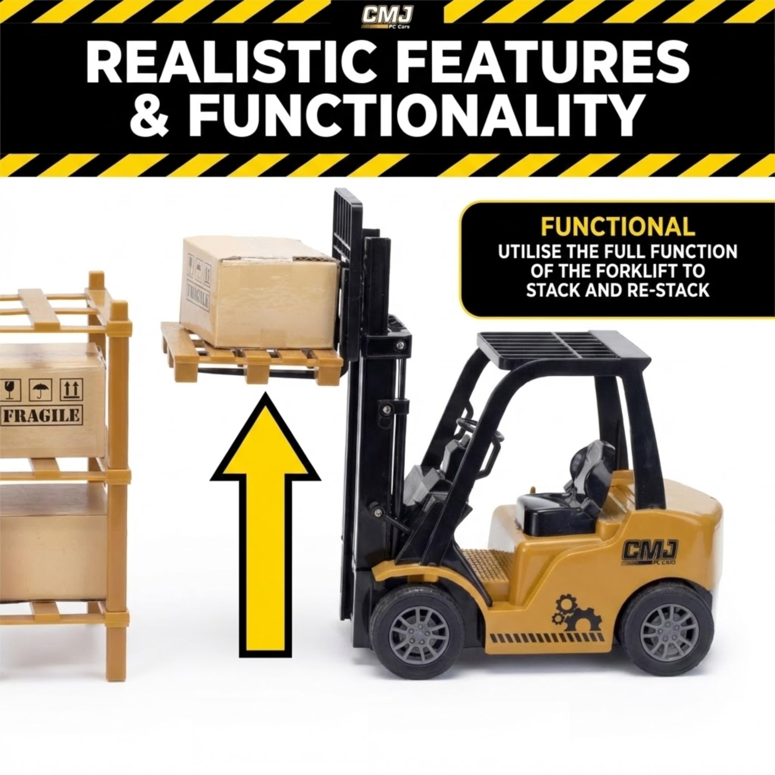 Carrello elevatore telecomandato – FLT 2,4 GHz veicolo da cantiere realistico con scaffale alto, pallet, scatole e piloni – Giocattolo ricaricabile per bambini e appassionati di modellismo 1:16