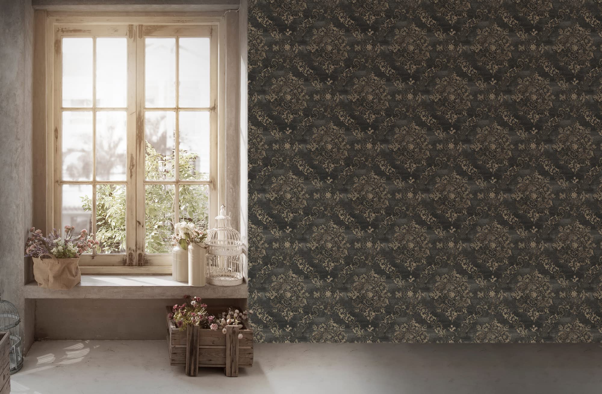 Livingwalls tapeta na fizelinie - tapeta barokowa w kolorze antracytu i beżu - tapeta do różnych pomieszczeń - tapeta ścienna o wymiarach 10,05 m x 0,53 m