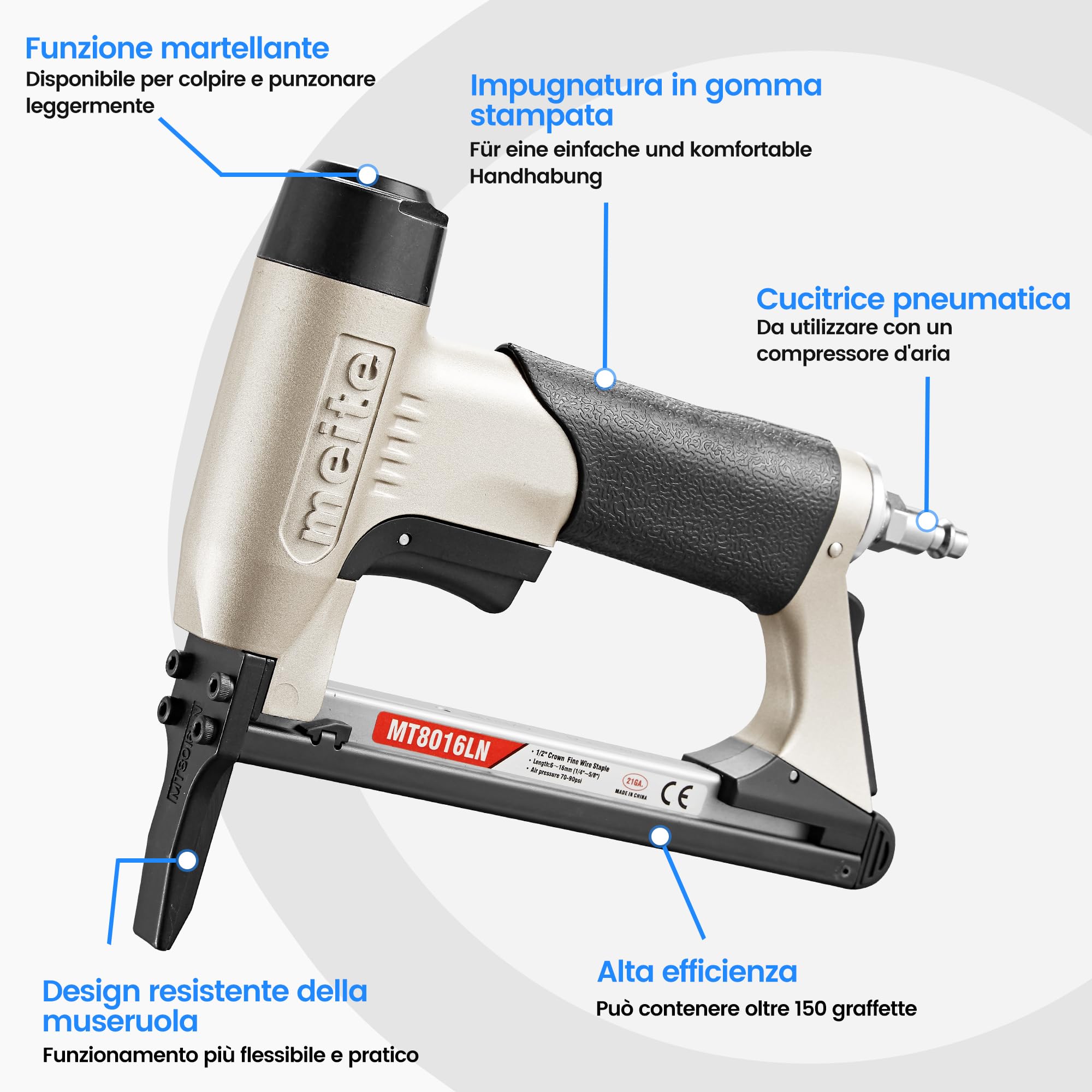 meite MT8016LN Graffettatrice Pneumatica a Naso Lungo, Sparachiodi ad Aria Compressa per Tappezzeria e Lavorazione del Legno, 21GA Tipo 80, Graffette 6–16 mm per Falegnameria e Fai da Te