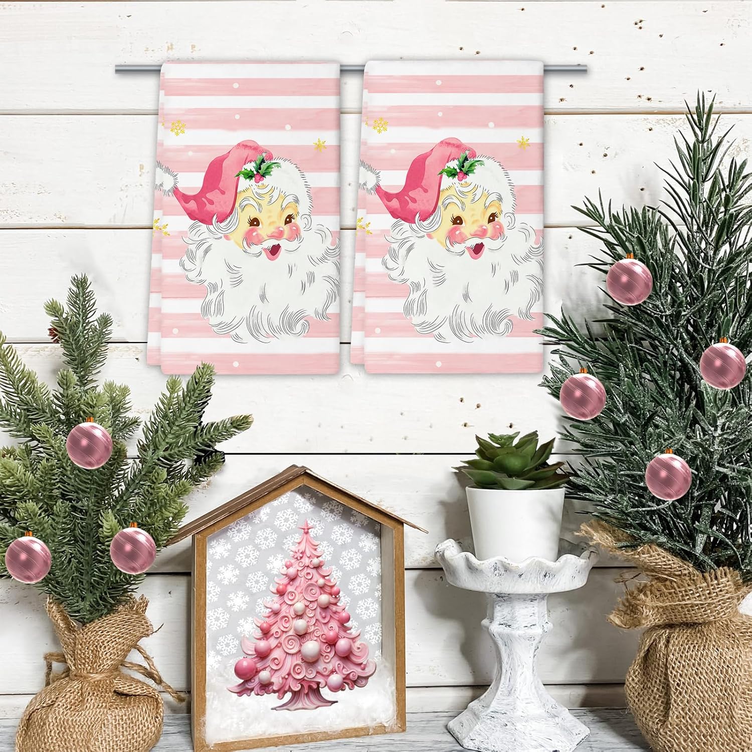 Xmas Santa Claus Kitchen Dish Towels, 2 PC Winter Christmas Decoration Hand Towels, Snowflake Pink Stripes Tea Towels, 26x18 Inch Hand Towels for Cooking Baking - Image 2