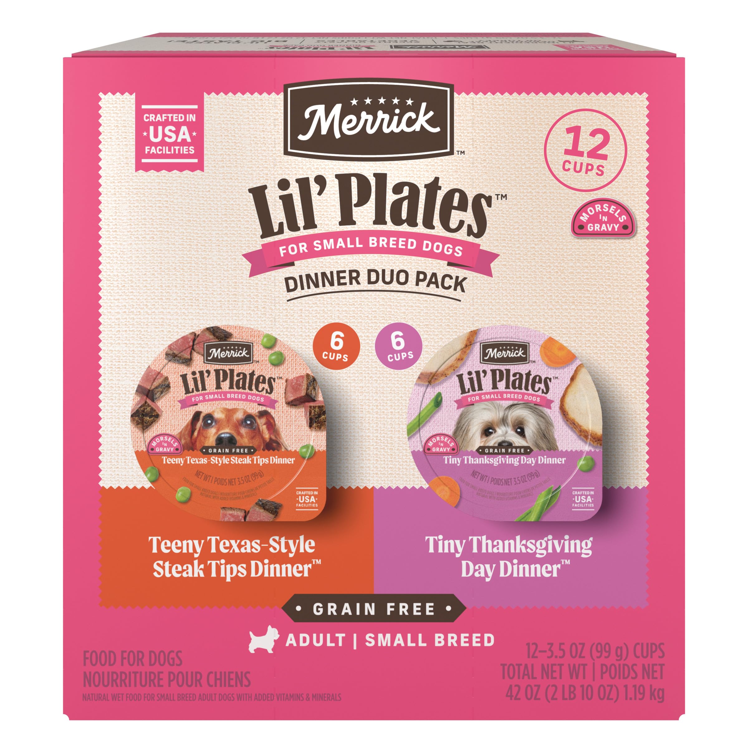 Merrick Lil’ Plates Grain Free Dinner Duos Soft Natural Wet Small Dog Food Variety Pack, Beef and Turkey - (Pack of 1) 2.6 lb. Tubs