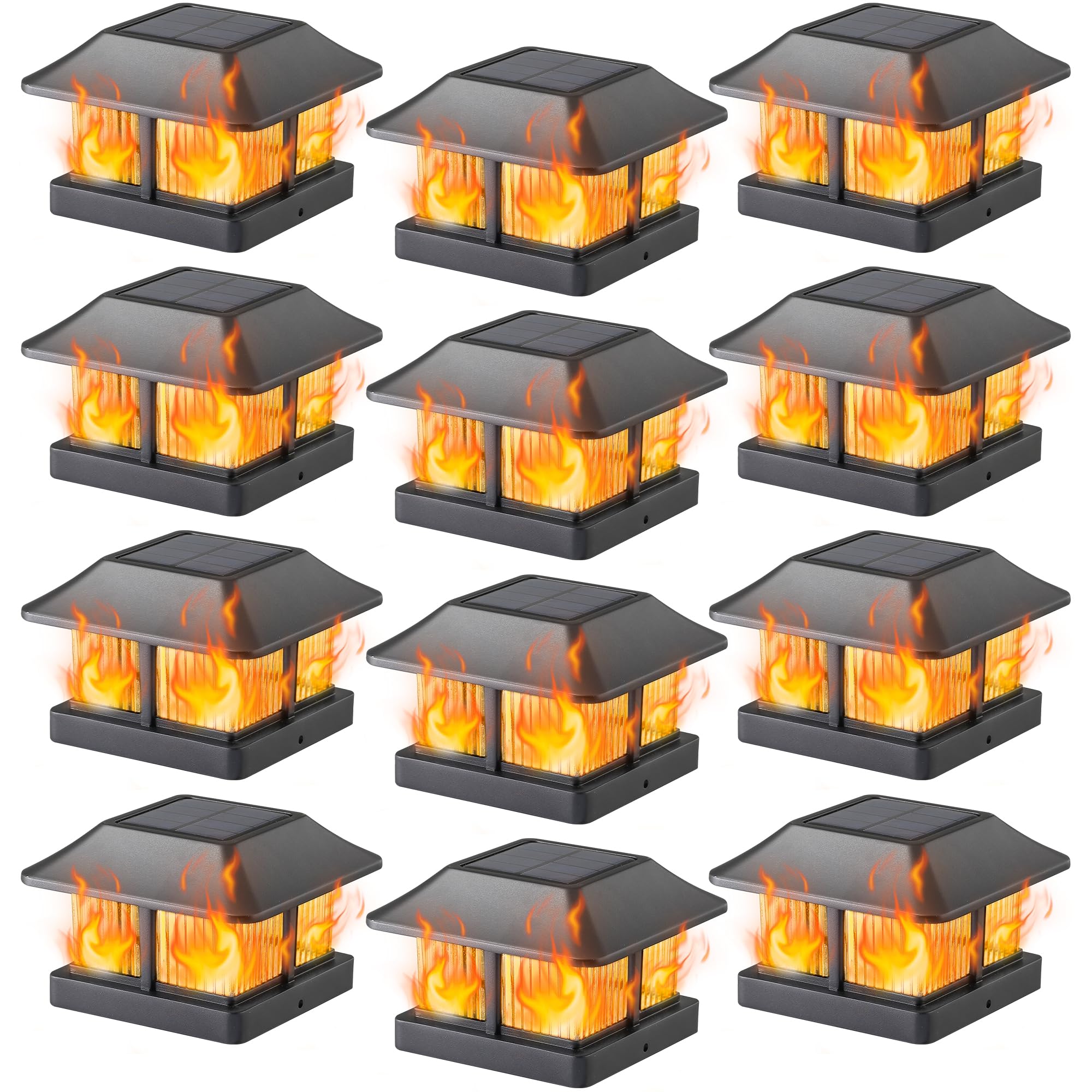 Photo 1 of Dynaming 12 Pack Solar Flame Post Cap Lights Outdoor, Solar Powered Fence Post Light, Flickering Flame LED Lantern Lamps for Garden Deck Patio, Only Fit 4x4 Wooden Posts (True Size 3.5"x3.5")