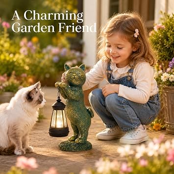 Nacome Cat Outdoor Statues for Garden with Solar Lantern