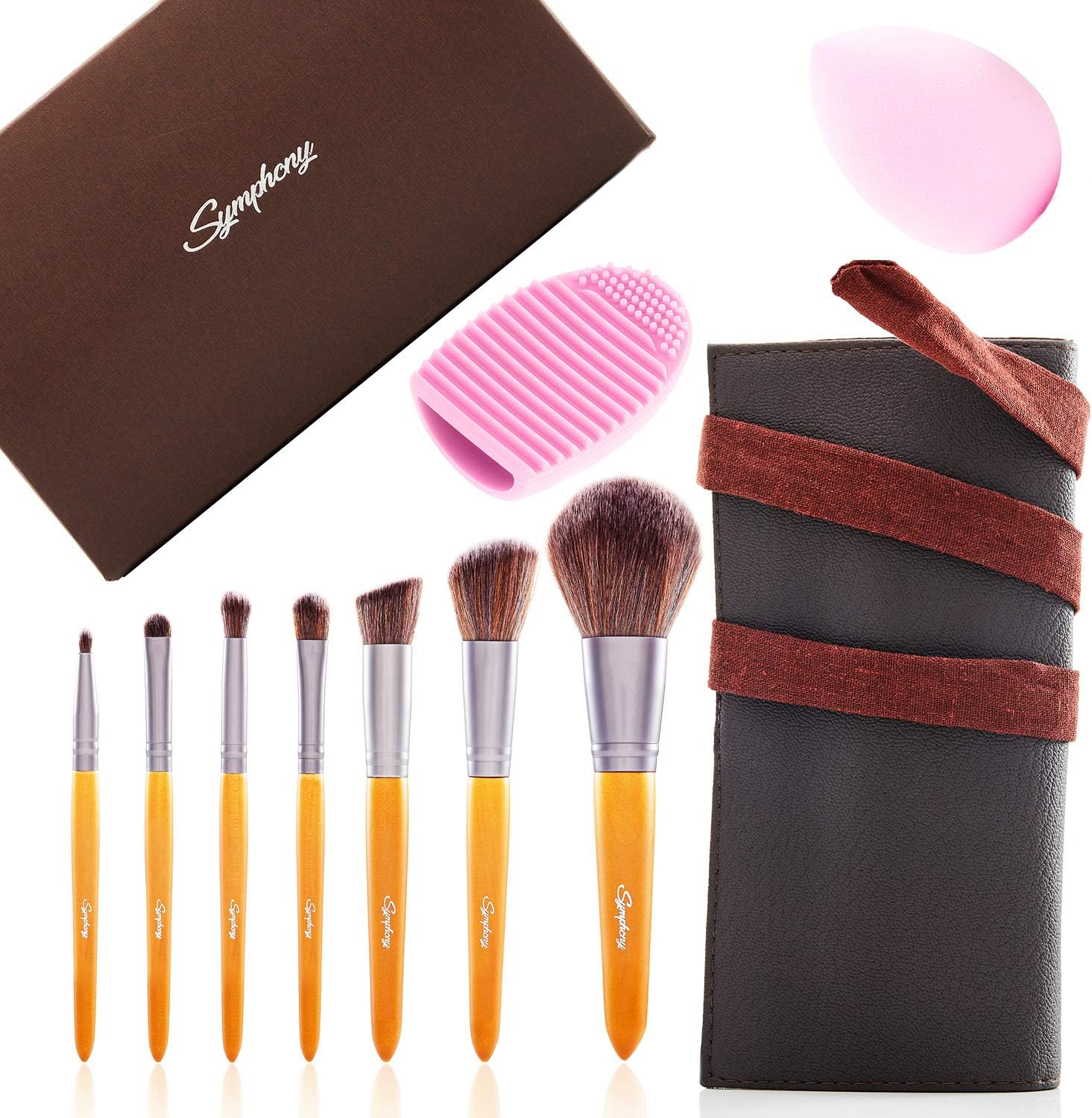 Symphony - Makeup Brush Set, 7 Essential Professional Cosmetics Brushes, Premium Soft and Synthetic Cosmetic Brushes with Make up Pouch, Beauty Blender and Cleaning Mat Included, Plus Gift Box