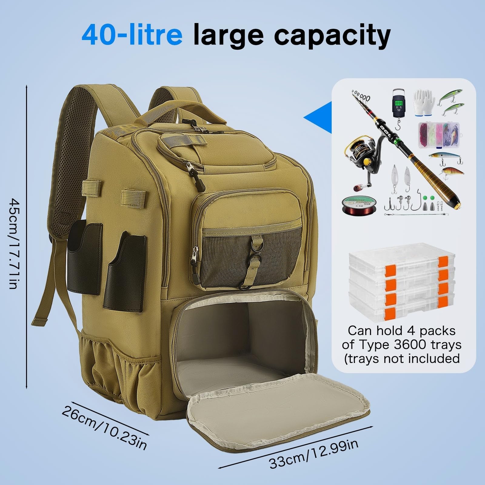 Angeltasche mit Rutenhaltern, 900D Oxford Wasserabweisend Angel Rucksack Angelrucksack mit verstellbarem Fach, 40L Angeltaschen für Salzwasser- Süßwasserfischen Angeltasche Wandern Camping Trekking