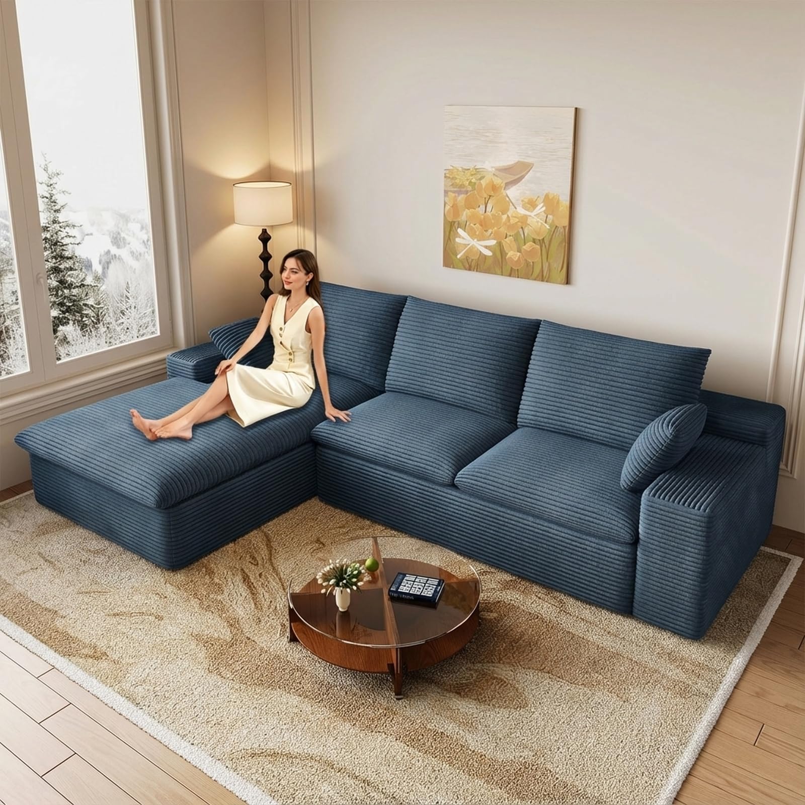 107" Cloud Couch Modular Sectional Sofa for Living Room, L-Shape Boneless Couch with Deep Seat, Modern Corduroy 3-Seater, No Assembly Required (Blue,Left-Facing Chaise)