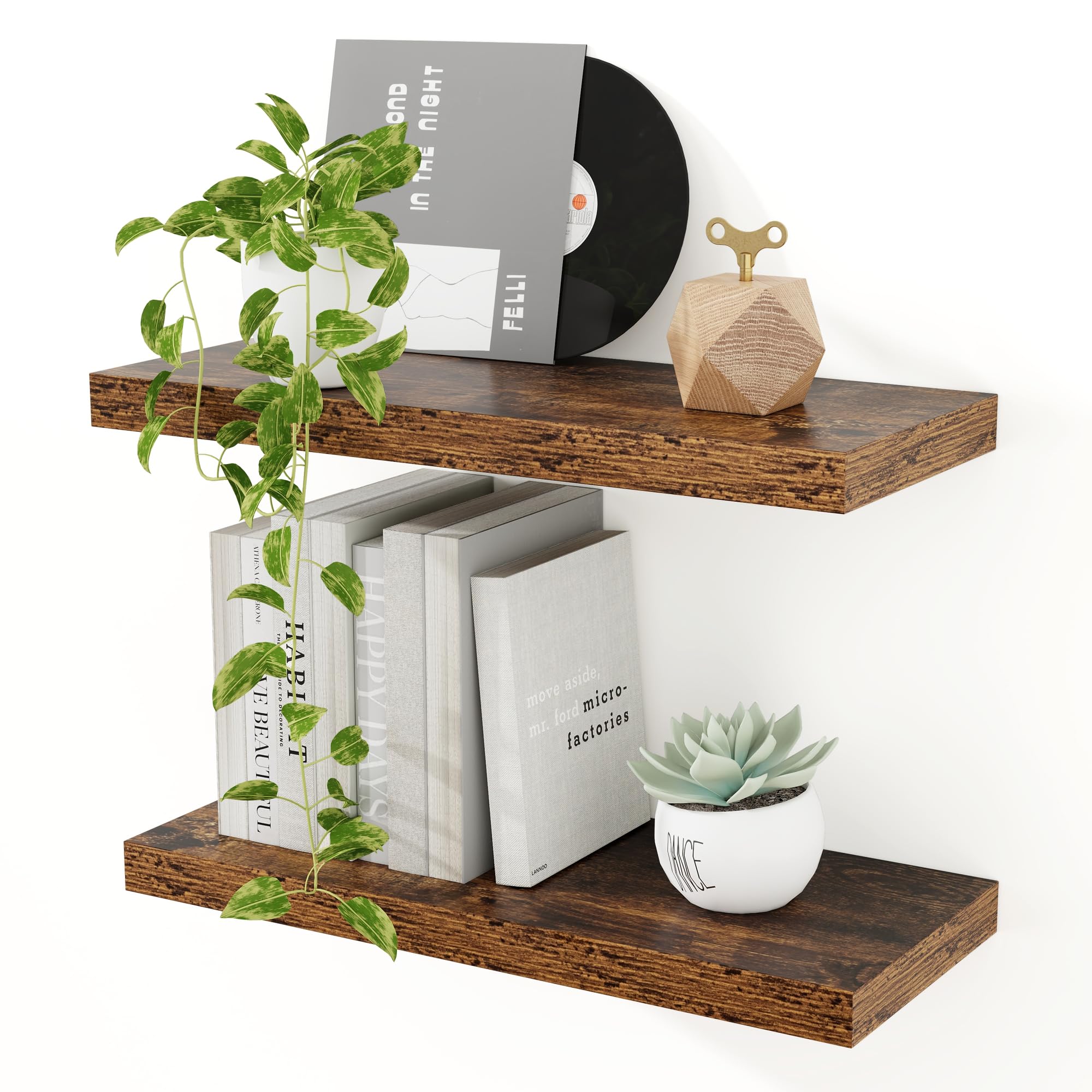 Feihorrm Floating Shelves for Wall, 40cm Shelves Set of 2 Brown Wooden Wall Mounted Shelves for Storage & Organizer, Wall Shelf for Bathroom Living Room Kitchen Bookshelf