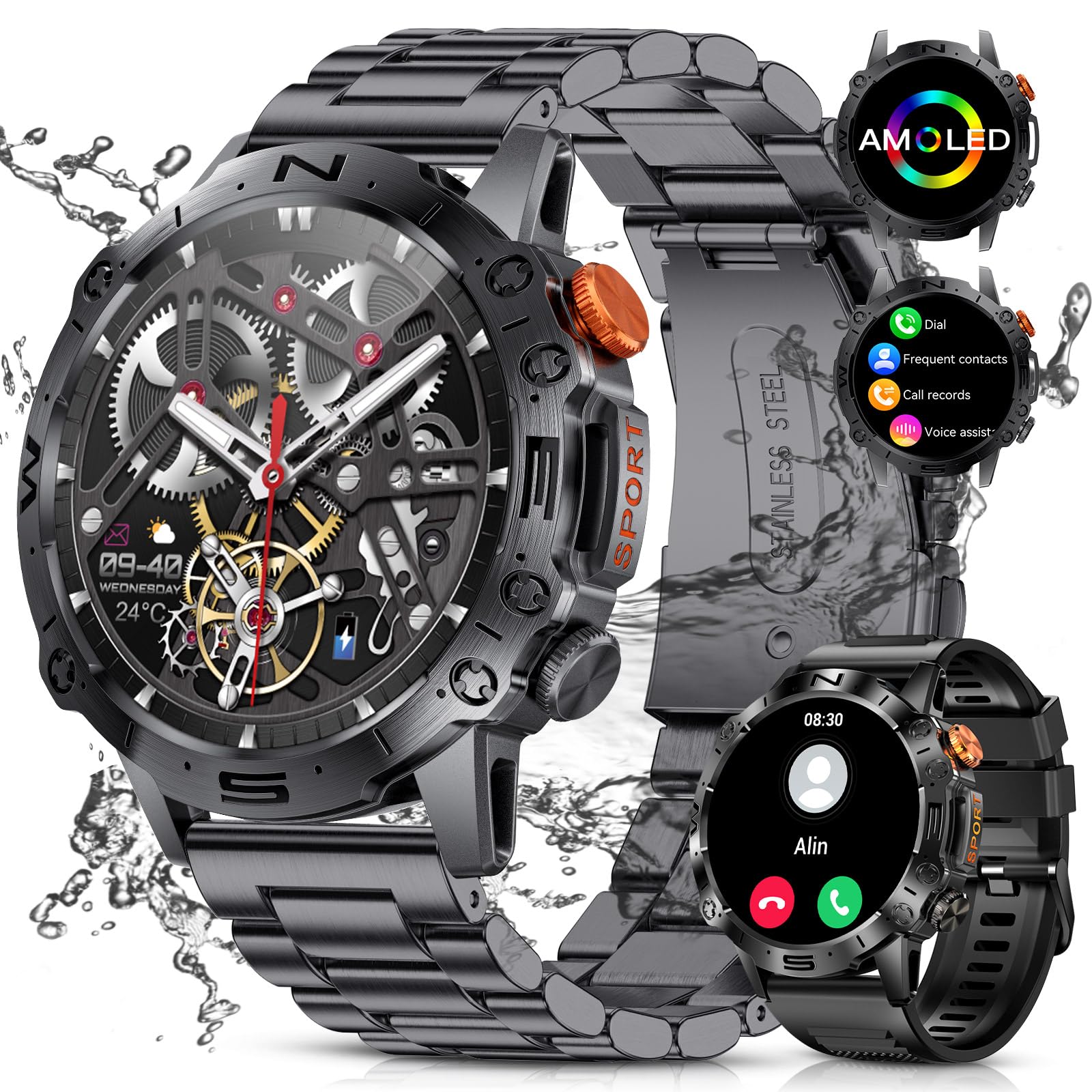 ESFOE Reloj Inteligente Hombre, 1.43" AMOLED Smartwatch Militar con Llamadas Bluetooth, 126+ Modos Deporte Pulsómetro Presión Arterial, SpO2, Monito de Sueño, IP68 Podómetro Reloj Android iOS