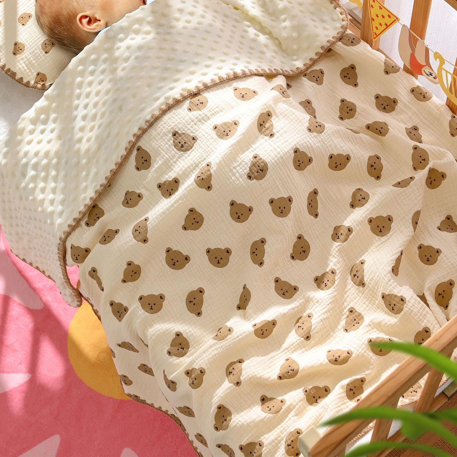 Breathable Soft Summer Cooling Baby Blanket with Cute Printing and Dotted Backing for Kindergarten Toddler (Bear) - Image 2