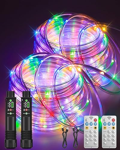 Miniatura 1 de Cuerda de luces, recargable de 79 pies, 240 luces LED impermeables para exteriores con batería recargable portátil de 1200 mAh, temporizador y 8