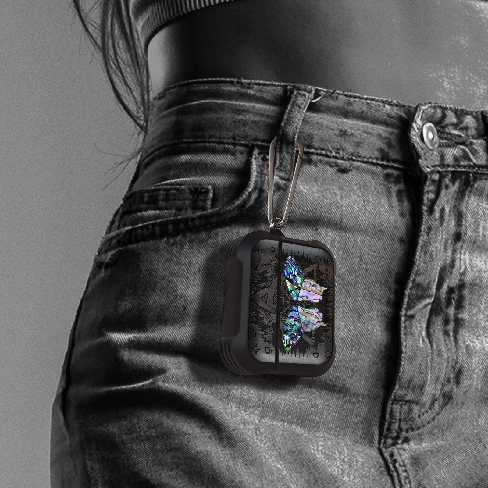 Carveit Odporne na uderzenia etui ochronne do AirPods Pro 3 (2025), drewniany grawerunek i wkładka z muszli, kompatybilne z Airpods Pro 3, tytanowe szybkie zapięcie (ciemne drewno celtyckie motyl)