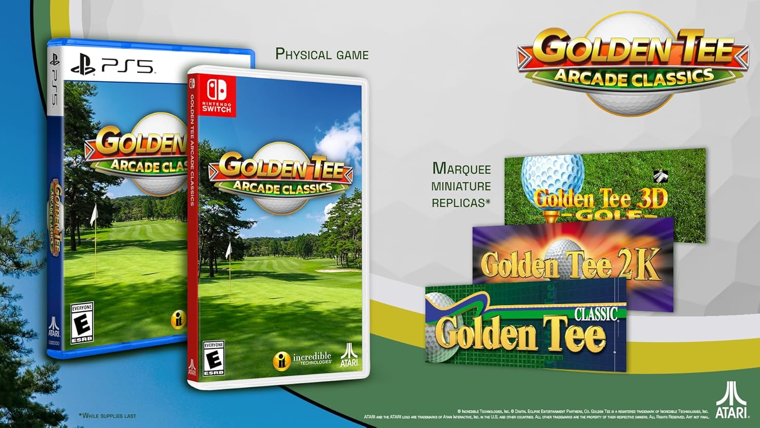Golden Tee Arcade Classics physical edition contents, including game cases for Nintendo Switch and PlayStation 5, and miniature marquee replicas.