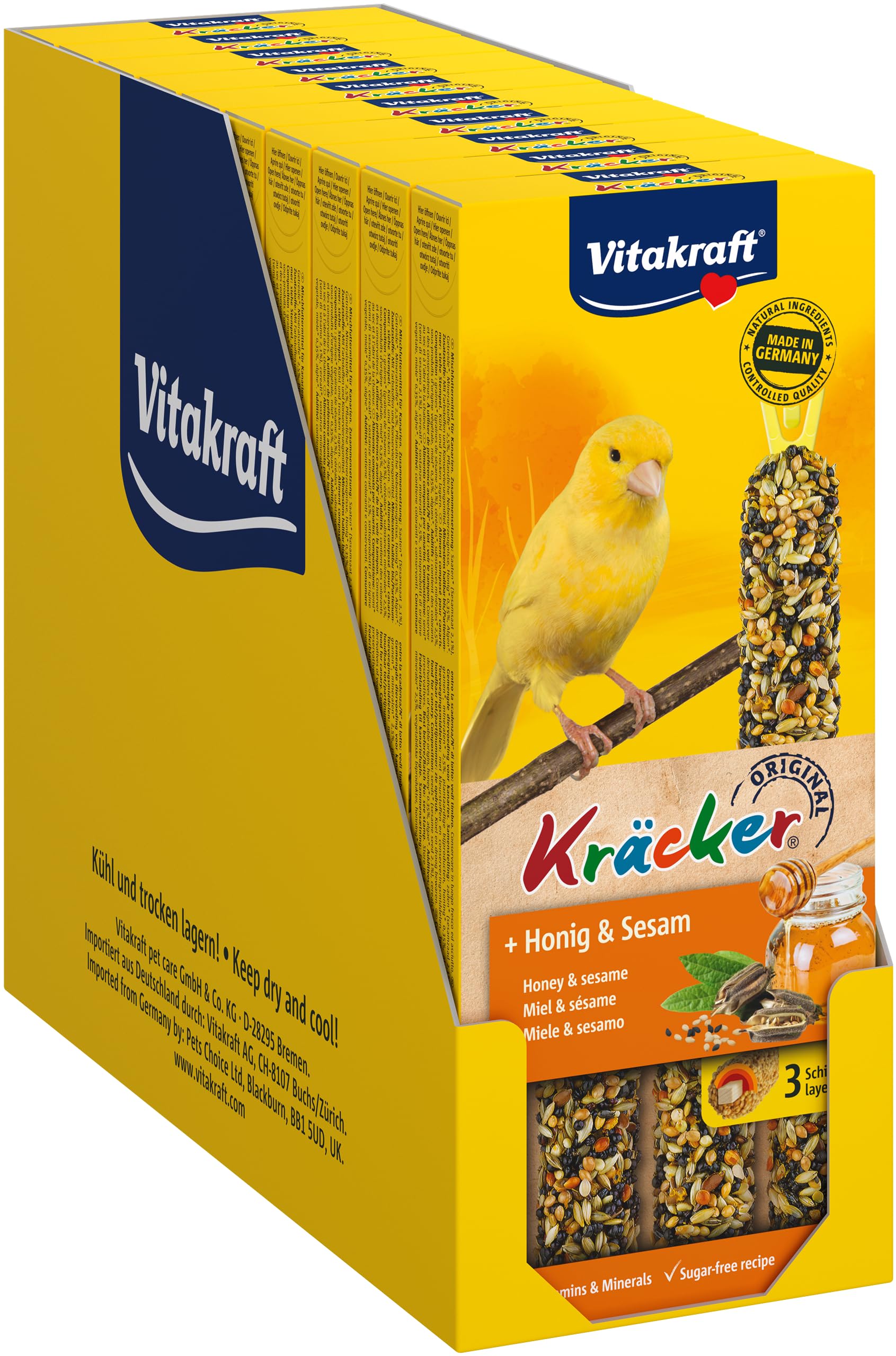 VITAKRAFT - Kräcker - Dolcetto per canarini - Alimentazione per uccelli domestici - Delizioso Kräckers al miele e sesamo - Confezione da 10 confezioni da 3 bacchette