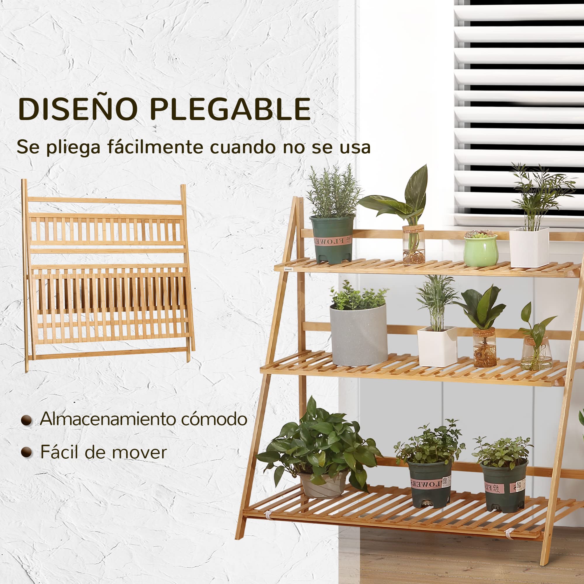 Outsunny Estantería para Plantas 3 Niveles Plegable 100x39x97 cm Natural | Bambú, Soporte para Flores, Estantería para Macetas, para Interiores y Exteriores