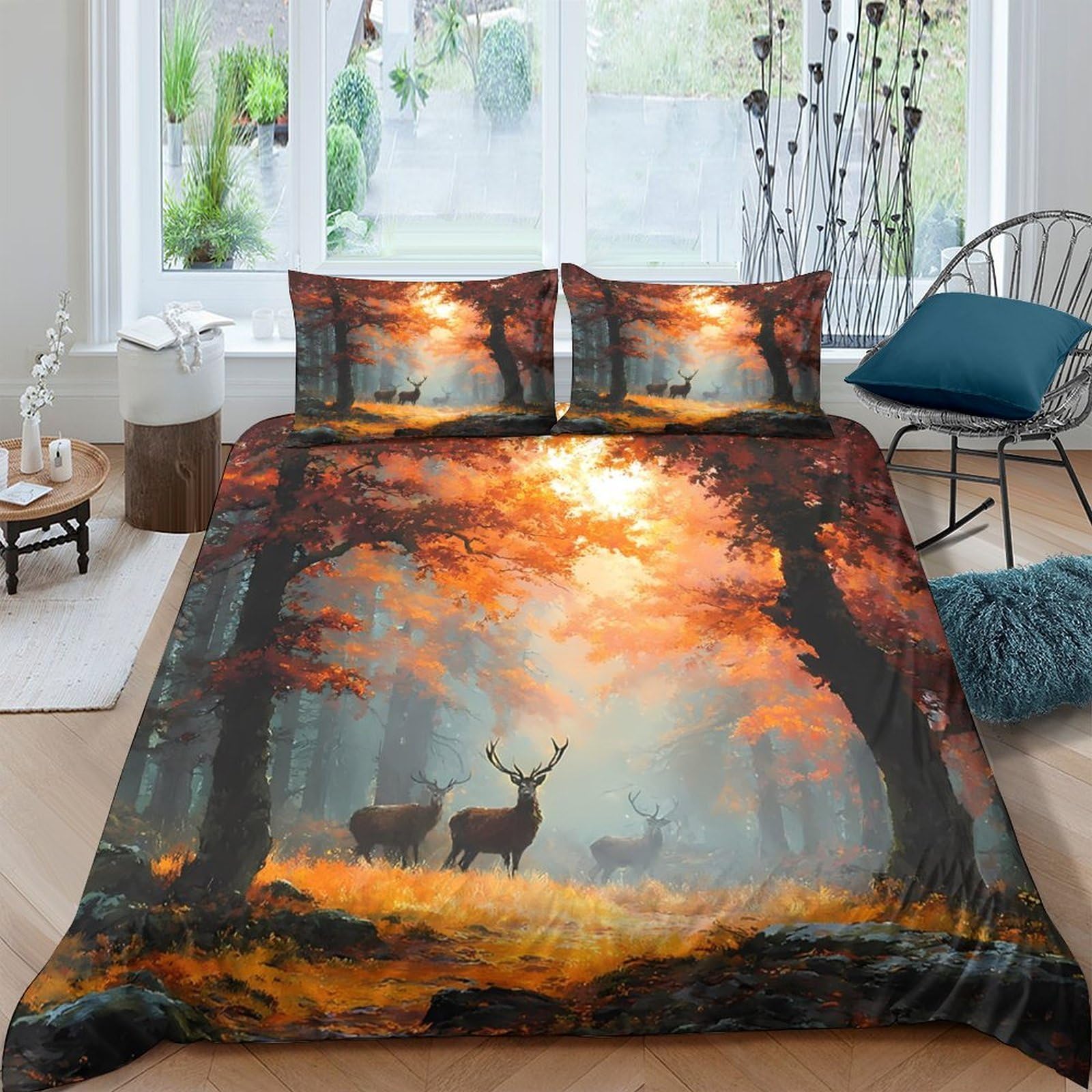 P5V6M1Q9 3D Printed Autumn Forest Deer Duvet Cover Microfiber Soft Breathable Sunrise Woodland Bedding Set with 2 Pillowcases for Bedroom Decor Single（135x200cm）