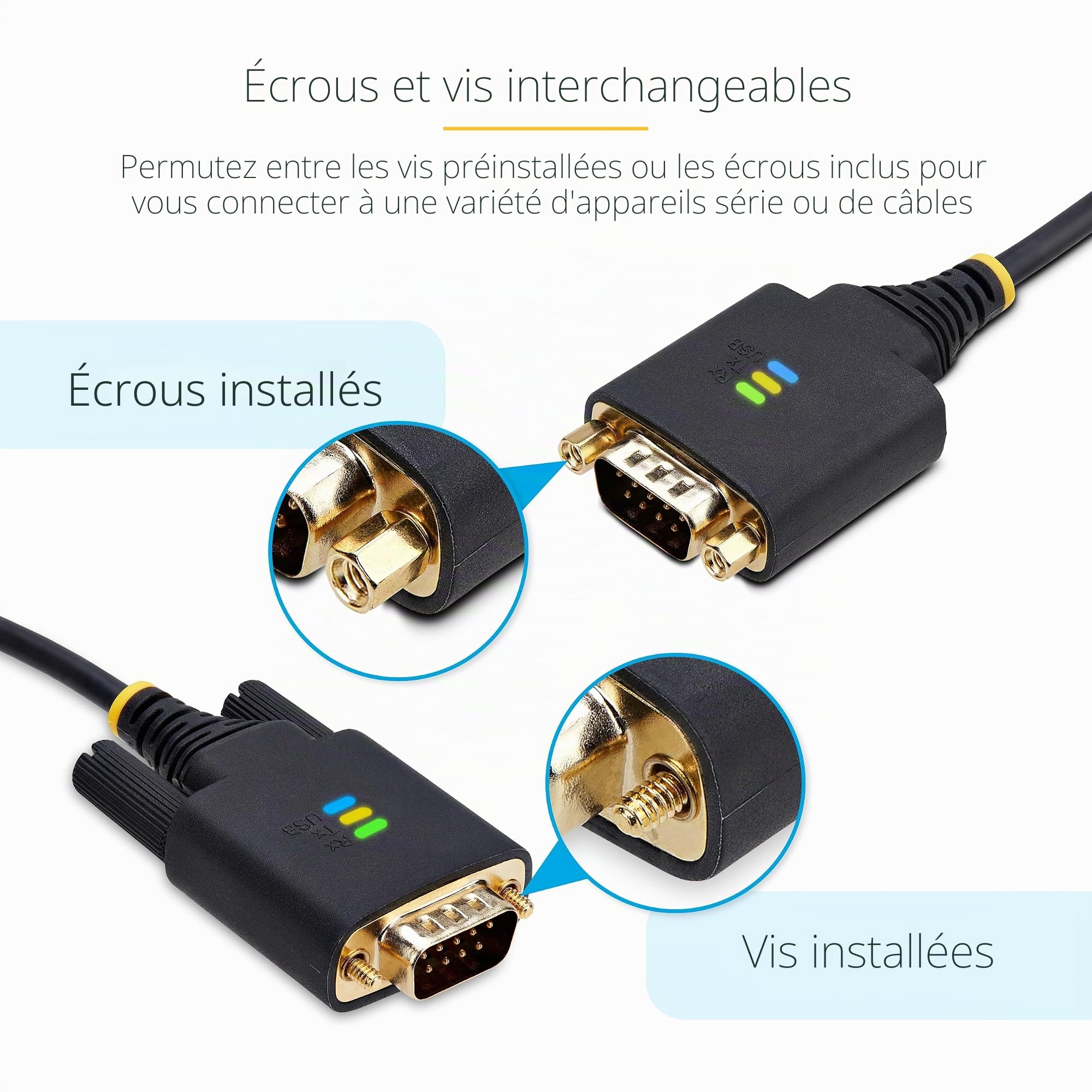 StarTech Câble USB vers Série 2m, FTDI, DB9 RS232 (1P6FFC-USB-SERIAL) | Adaptateur USB-A, Retention COM, Voyants LED, Ecrous a vis DB9 interchangeables