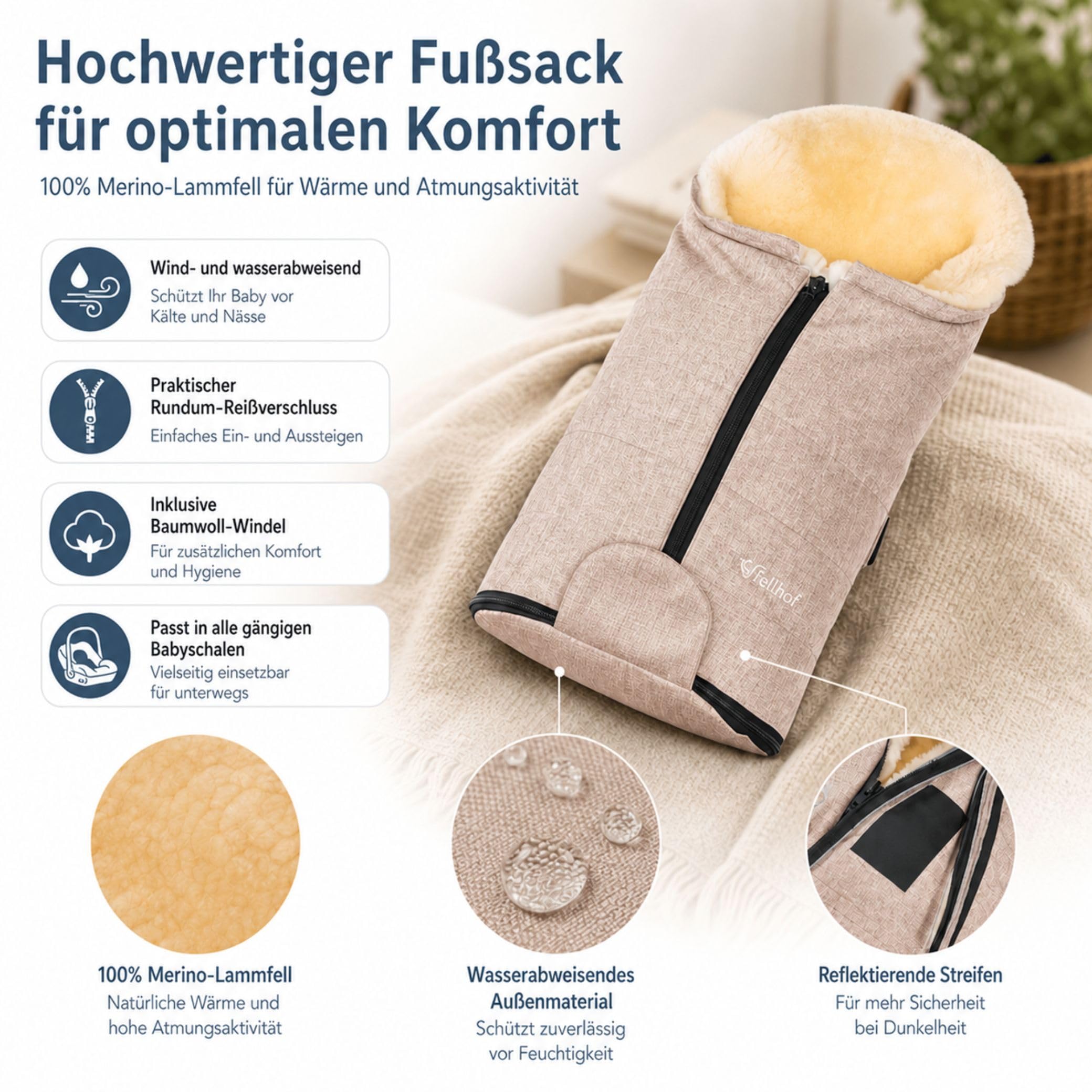 Fellhof Fußsack Babyschale Gastein, Einschlagdecke | Kinderhaus Blaubär: für Babywanne & Neugeborene, 100% Merino-Lammfell, atmungsaktiv & waschbar