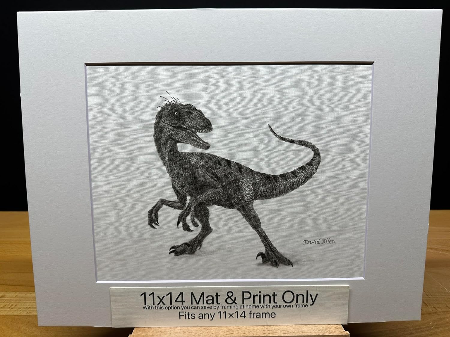 Hand Drawn Velociraptor Dinosaur Graphite Pencil Art Sketch Drawing Print Picture Limited Edition ~ Titled 'Clever Girl' by David Allen (11x14 Mat & Print Only)