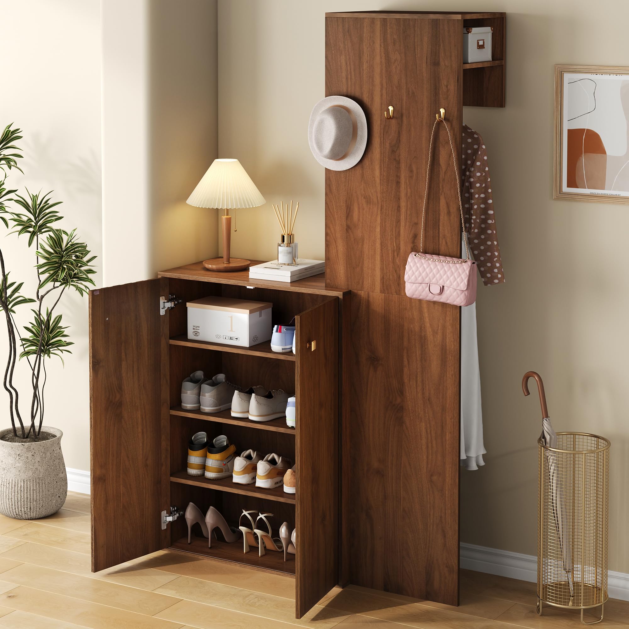 Vestiaire d’Entrée avec Penderie et Rangement Chaussures – Garde-Robe Compacte 115 cm – Meuble Entrée avec Porte-Manteau, Étagères Réglables, Crochets – Noyer