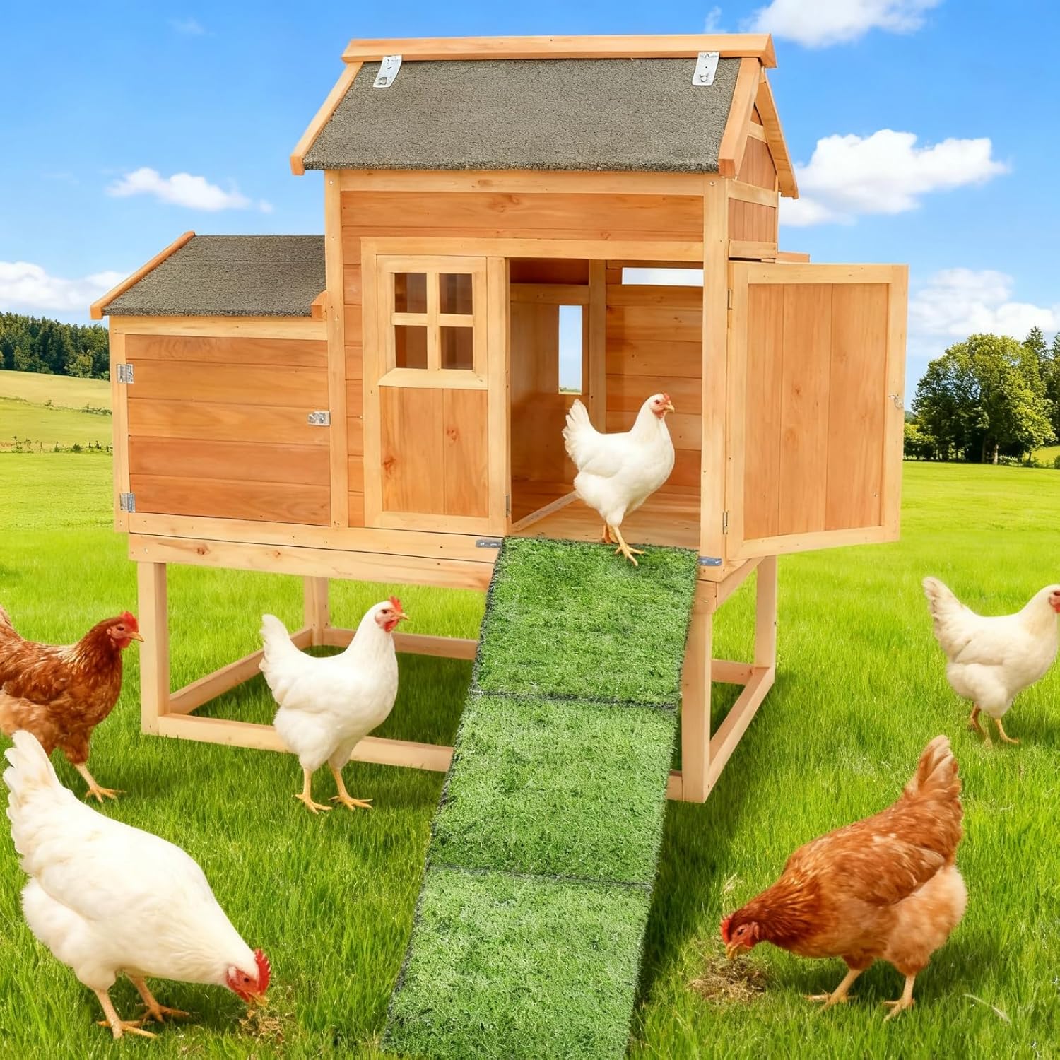 Chicken Coop Accessories, Angle Adjustable Wooden Ramp with Artificial Turf for Coop, Shed Ramp for Chicken, Hen, Ducks, Geese, Turkeys, and Other Poultry