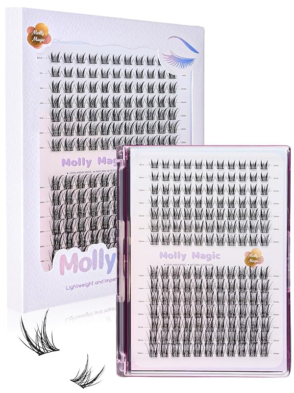 Cílios postiços em tufos Molly Magic Aphrodite, curvatura D, 8–18 mm, faixa preta ultrafina, 140 unidades