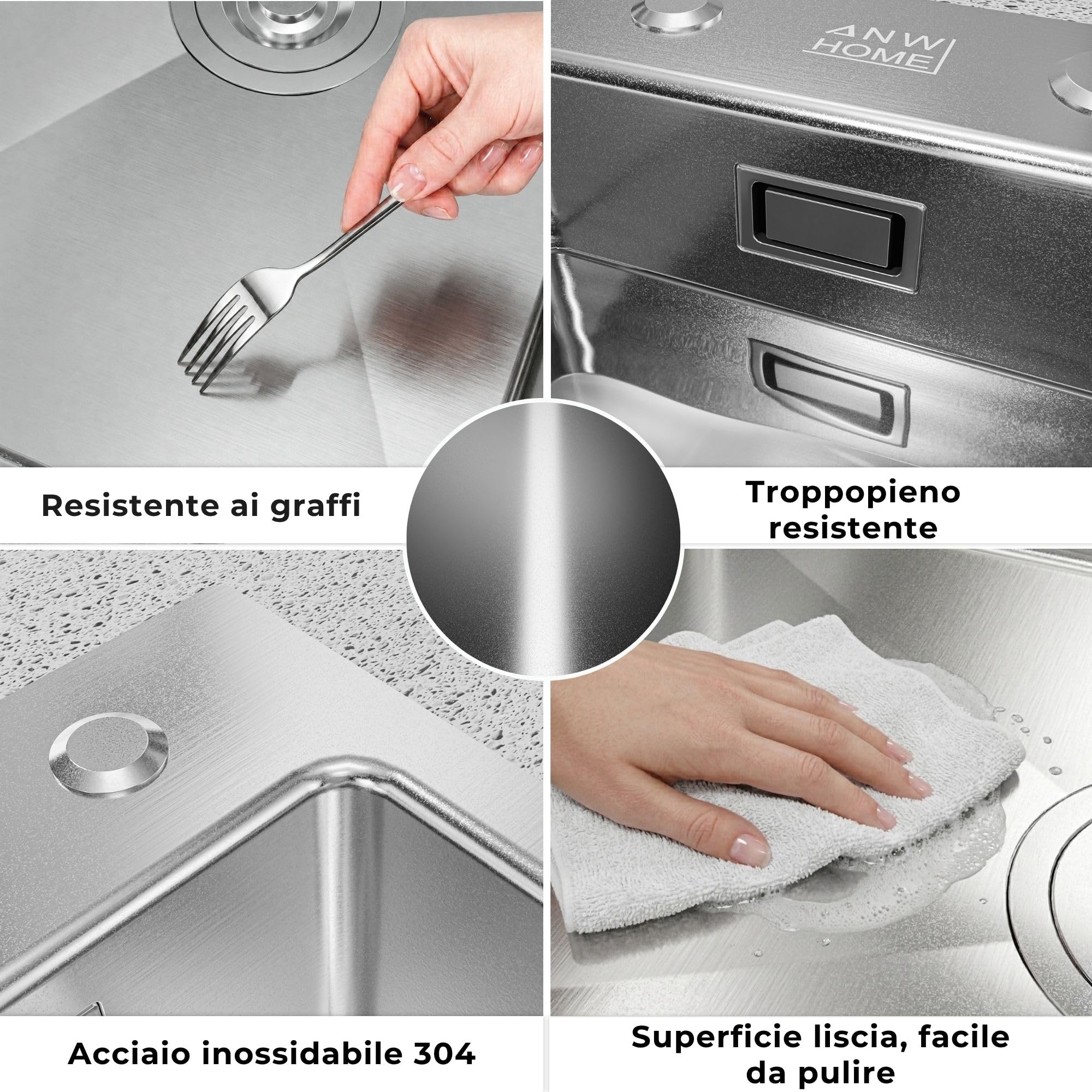 ANW HOME Lavello Cucina 1 Vasca Acciaio Inox, Lavandino Cucina da Incasso con Gocciolatoio 63x50 cm, Argento, Finitura Nano, Spessore 3.0/1 mm, con Sifone, Dosatore e Cestello