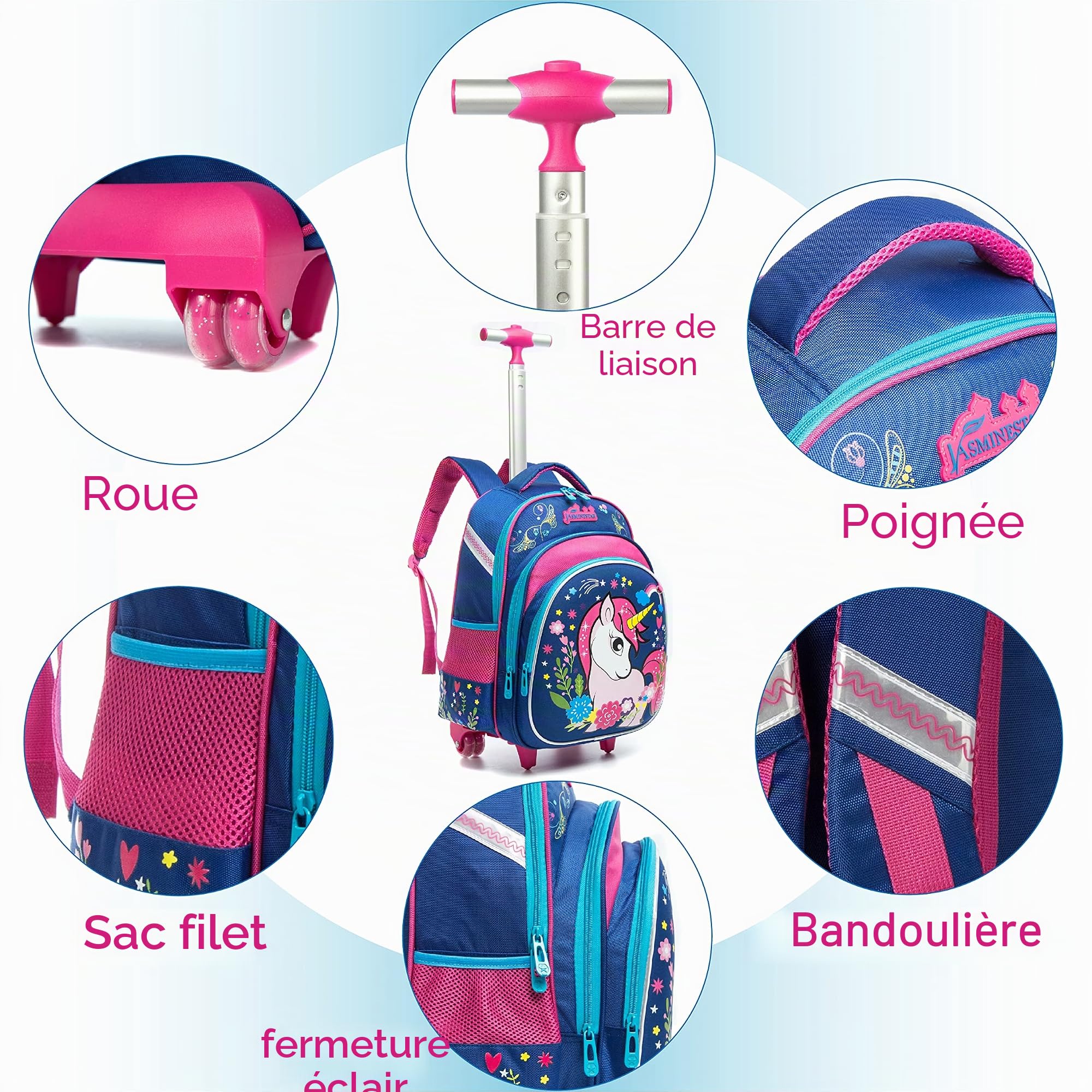 HTgroce Sac à Dos Filles Licorne Sac à Dos préscolaire pour Filles,Cartable Fille Primaire Convient pour GS, CP, CE1, CE2, CM1, CM2 Enfant Étui à Crayons Inclus Parfait pour l'école., Bleu, Fille