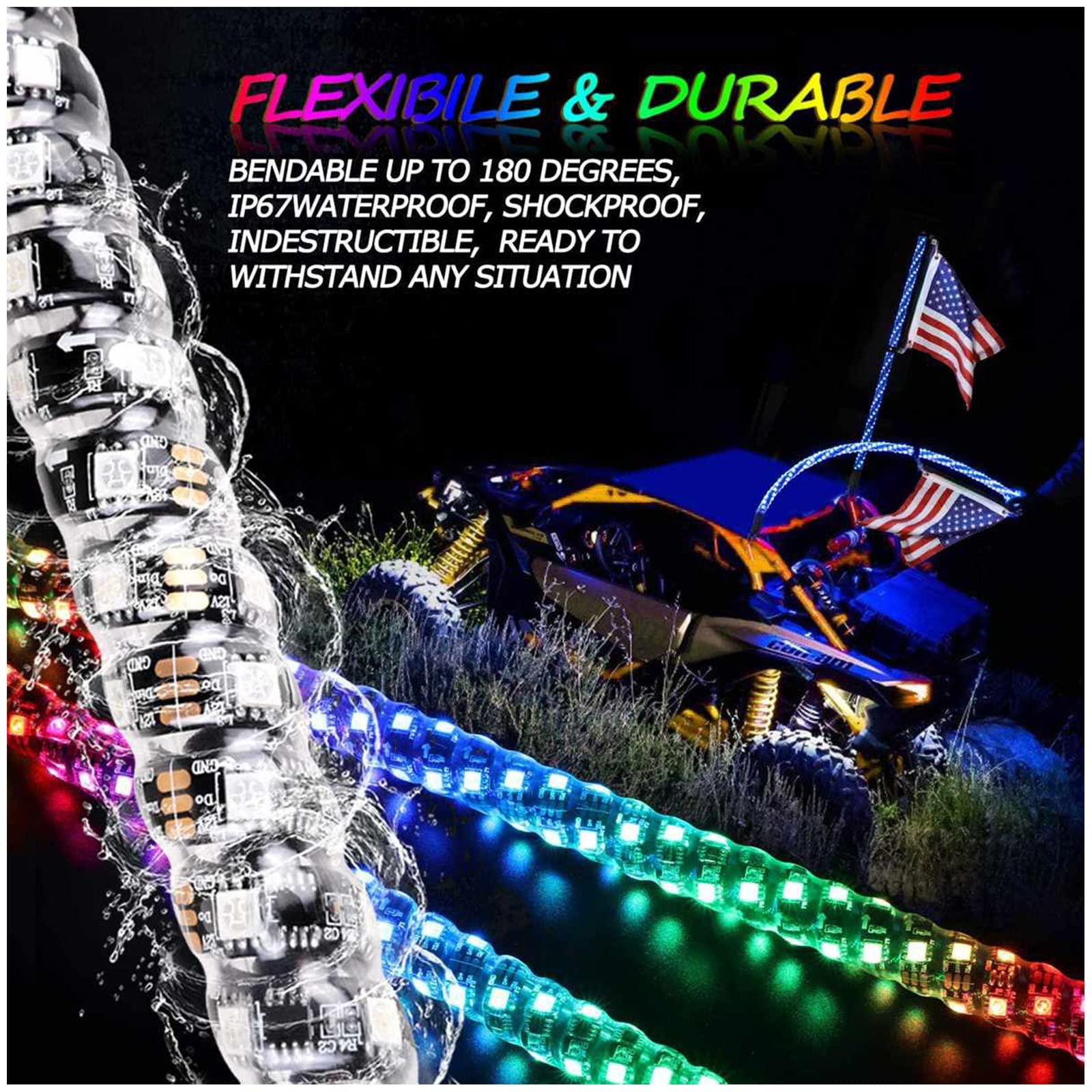 2 luces de látigo LED RGB en espiral de 3 pies con control remoto, luz de persecución/baile, látigos de antena iluminados de advertencia todoterreno, 366 modos para Can-am ATV UTV RZR Polaris Dune Bug