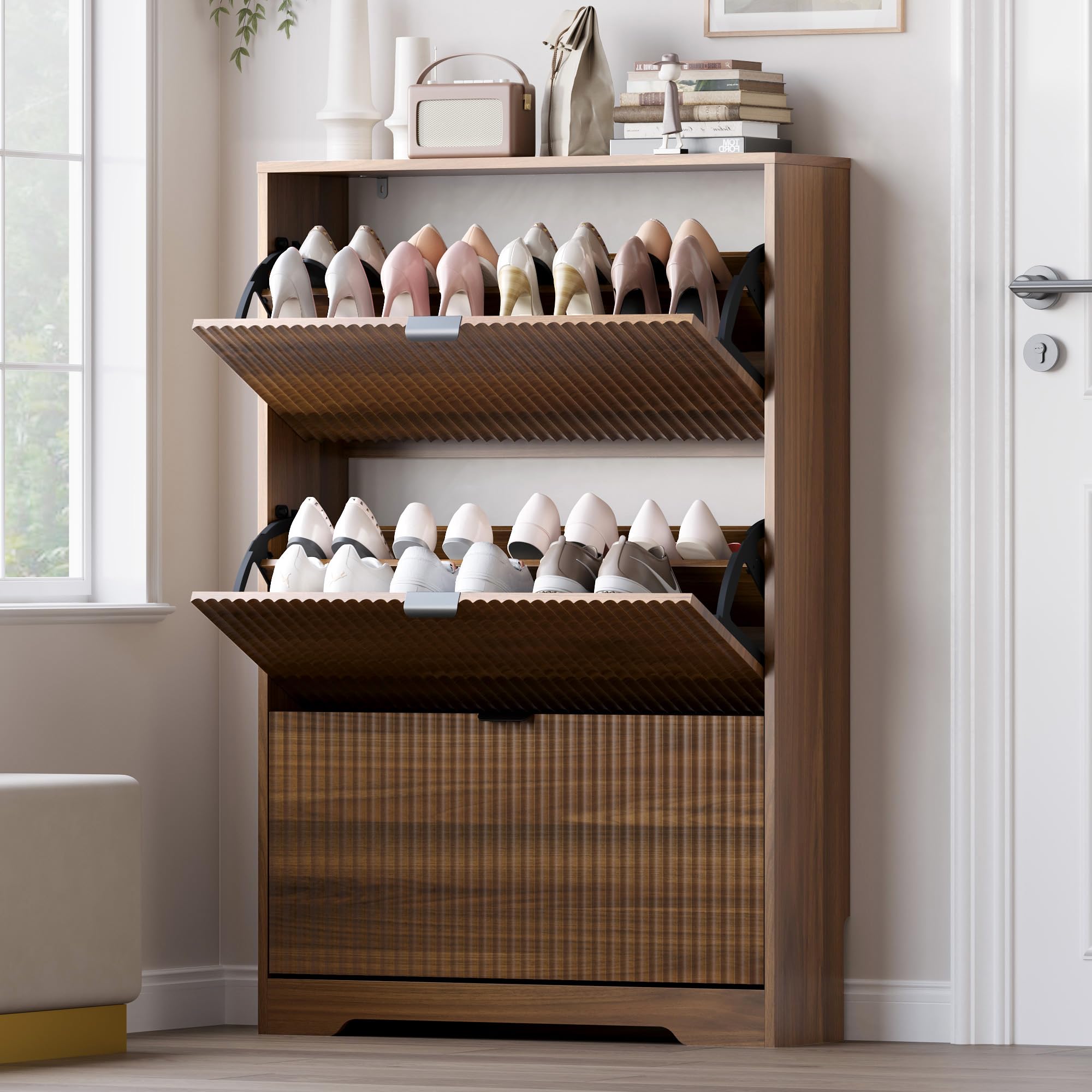 BORNOON Entryway Shoe Cabinet with 3 Flip Drawers, Narrow Shoe Organizer Cabinet with Fluted Panel and Adjustable Shelves for Foyer, Hallway
