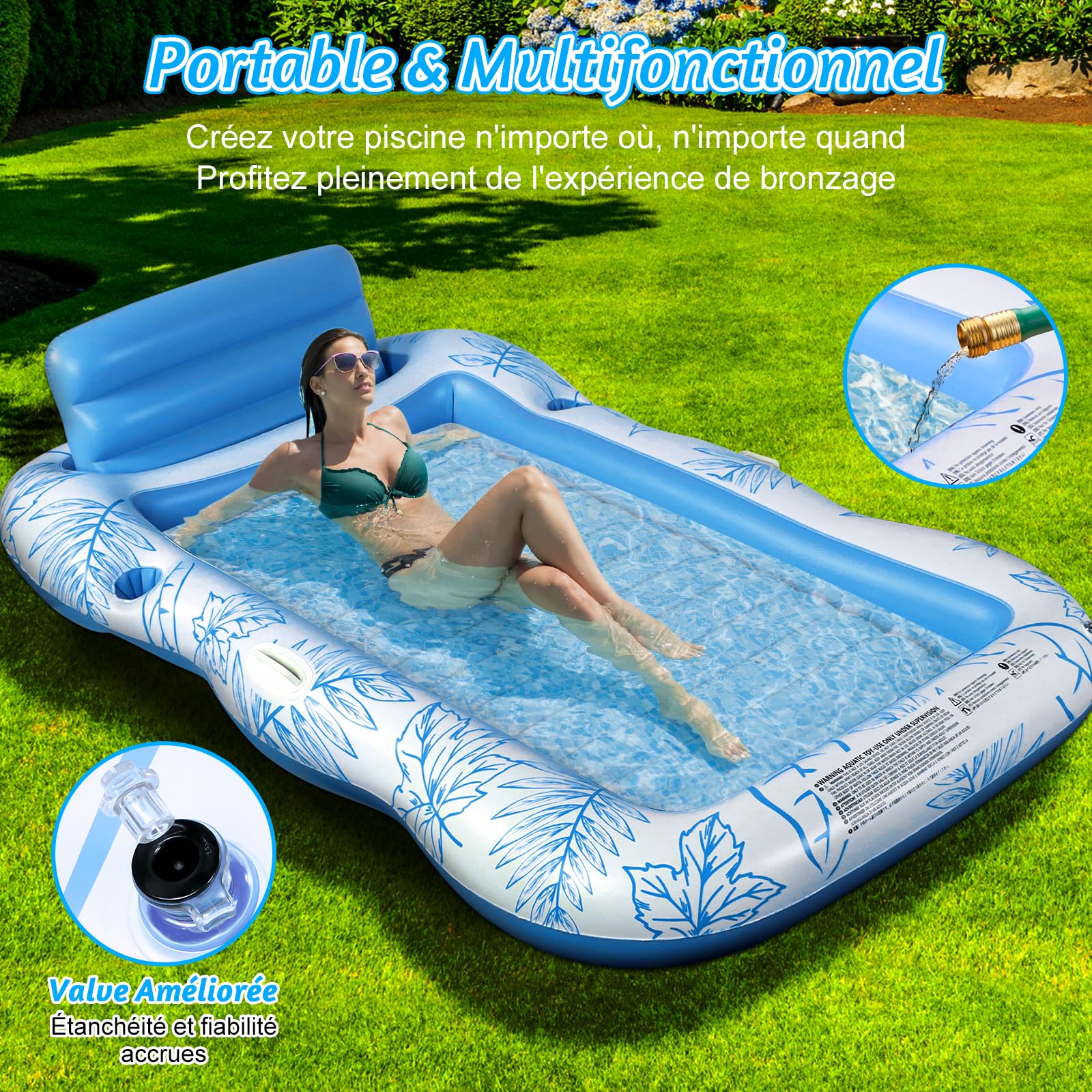 Charmofun Matelas Gonflable Piscine, Gonflable Tanning Pool Flotteur de Piscine pour Adultes pour Bain de Soleil, Piscine Gonflable Hamac avec Porte-gobelet, Piscine Bronzage pour Adultes (Bleu)