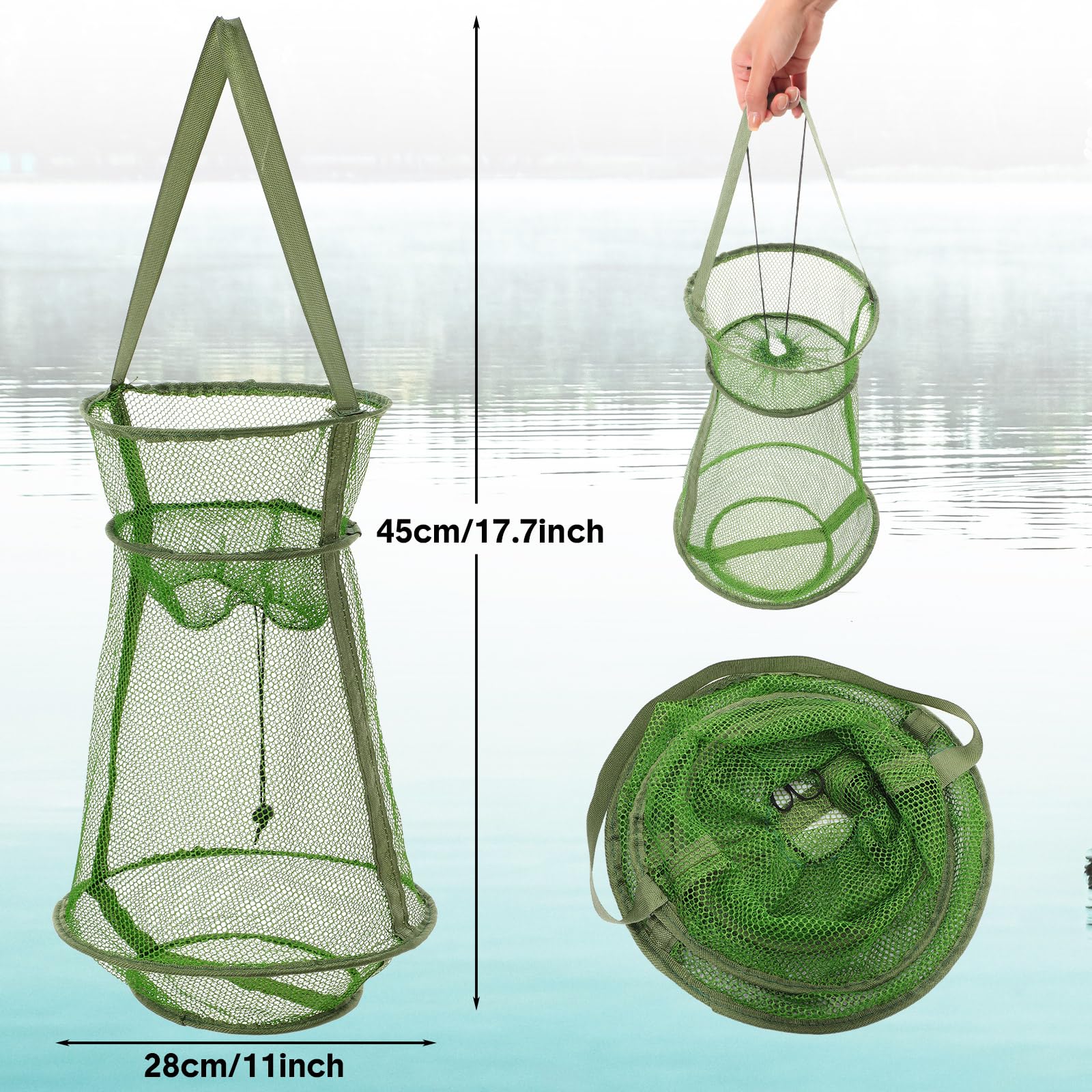 JaGely 5 accesorios de red de pesca que incluyen red de aterrizaje de pesca con asa, red de fundición plegable portátil de 26 x 13 pulgadas, 8 agujeros y 8 lados, trampa de cebo de pesca plegable, red