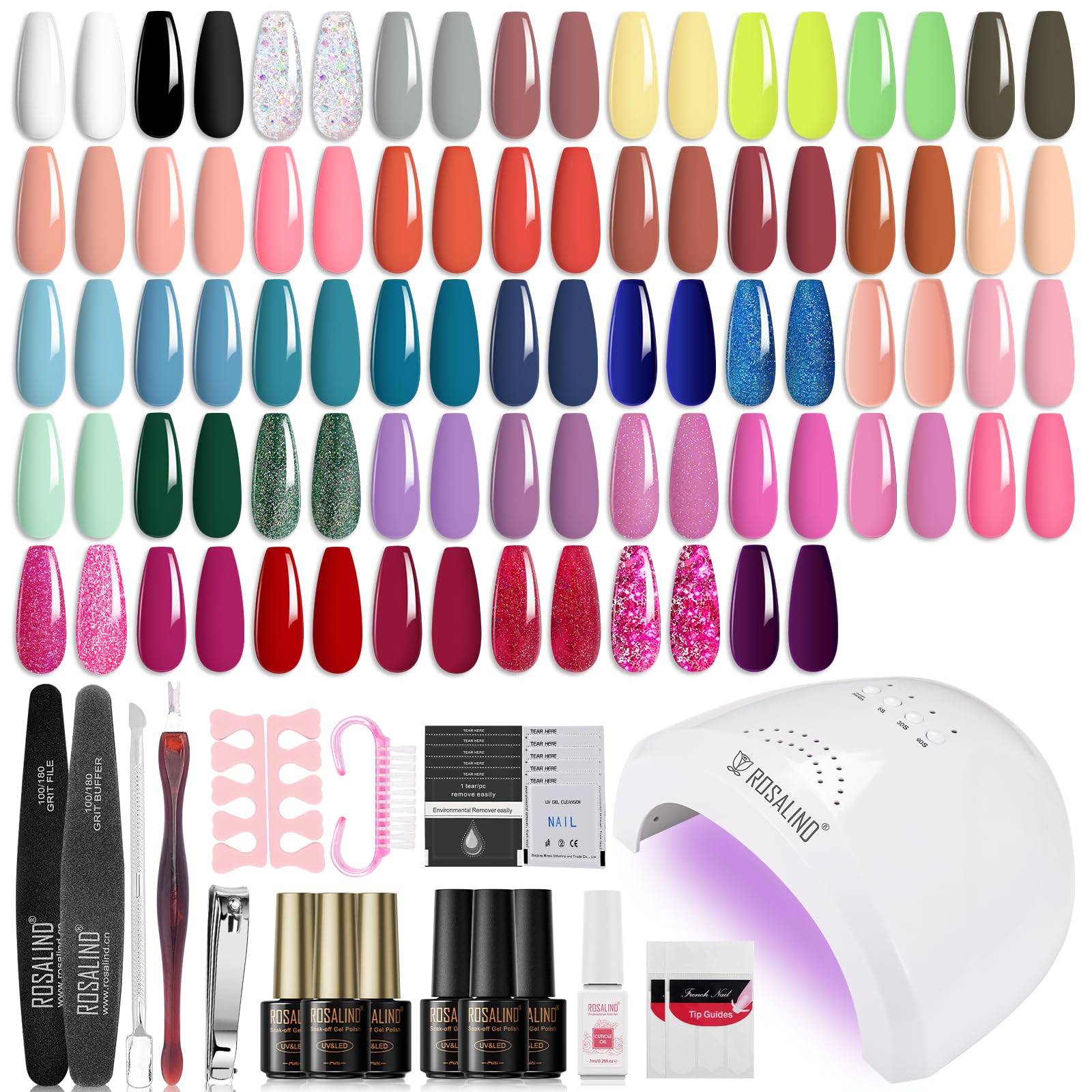 ROSALIND Kit Uñas Semipermanentes, 48W Lampara uñas semipermanentes, 43 Colores Kit Pintauñas Gel Completo UV Blanco Gris Negro Amarillo Glitter Esmaltes Permanentes Manucira